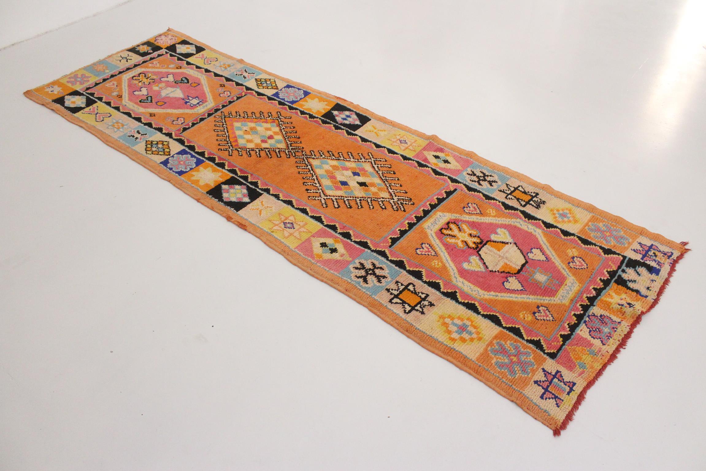 Bohemian Vintage Moroccan runner rug - Orange/pink/blue - 3.6x11.3feet / 110x345cm For Sale