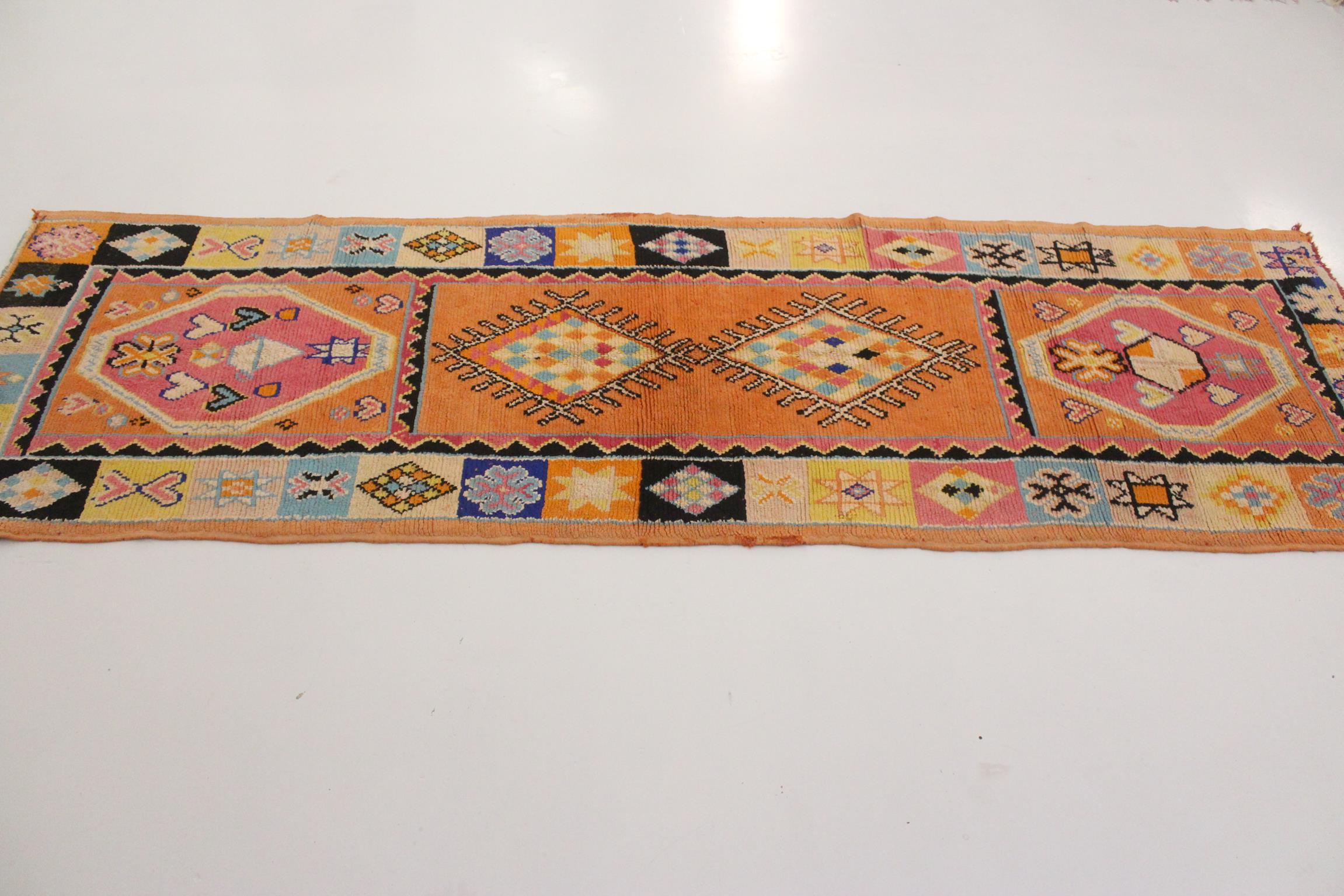 Hand-Woven Vintage Moroccan runner rug - Orange/pink/blue - 3.6x11.3feet / 110x345cm For Sale