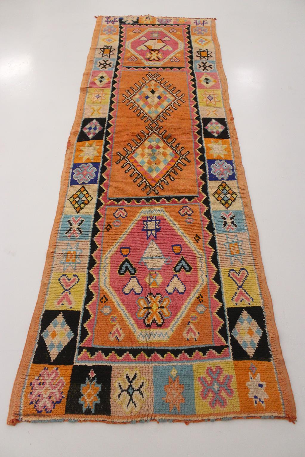 20th Century Vintage Moroccan runner rug - Orange/pink/blue - 3.6x11.3feet / 110x345cm For Sale