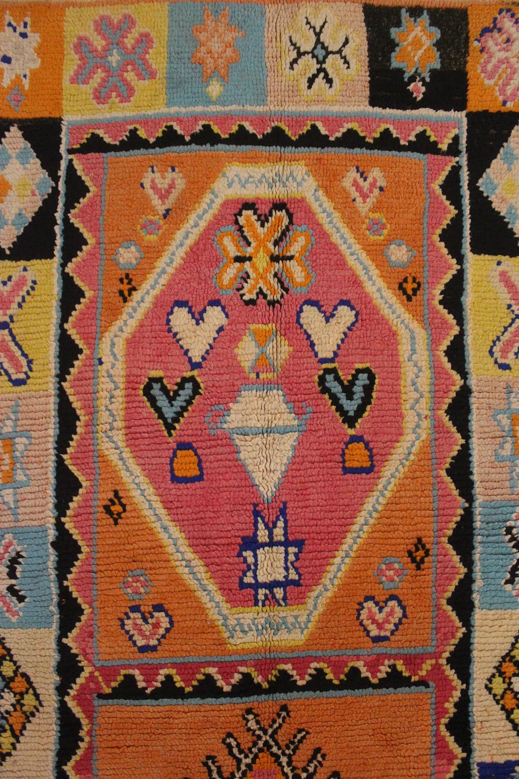 Wool Vintage Moroccan runner rug - Orange/pink/blue - 3.6x11.3feet / 110x345cm For Sale