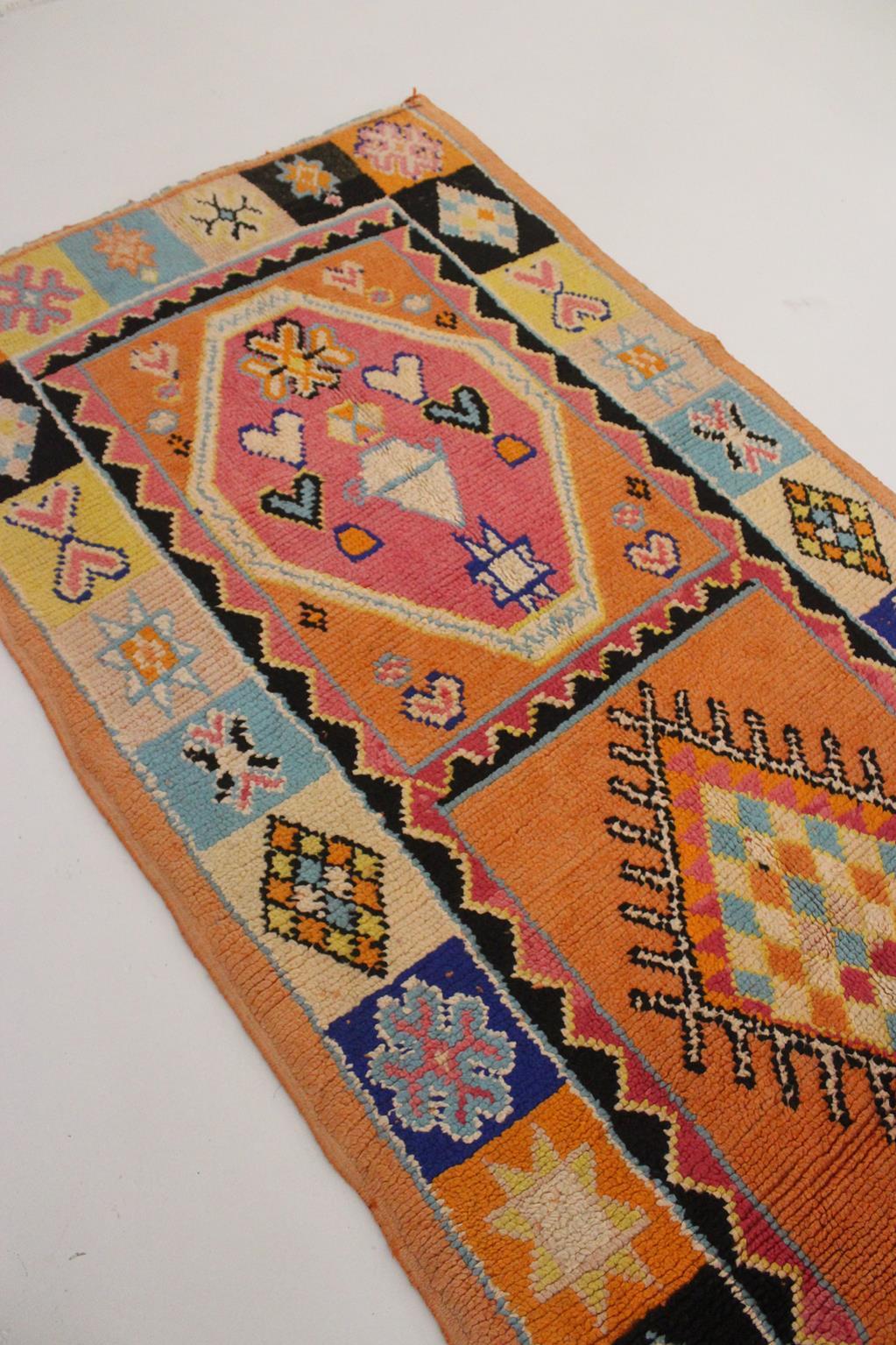 Vintage Moroccan runner rug - Orange/pink/blue - 3.6x11.3feet / 110x345cm For Sale 1