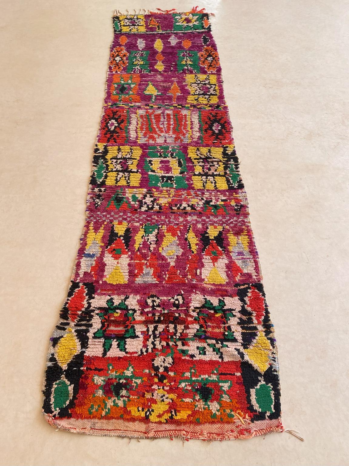 Vintage Moroccan runner rug - Purple/green/orange - 2.8x11.5feet / 87x352cm For Sale 4
