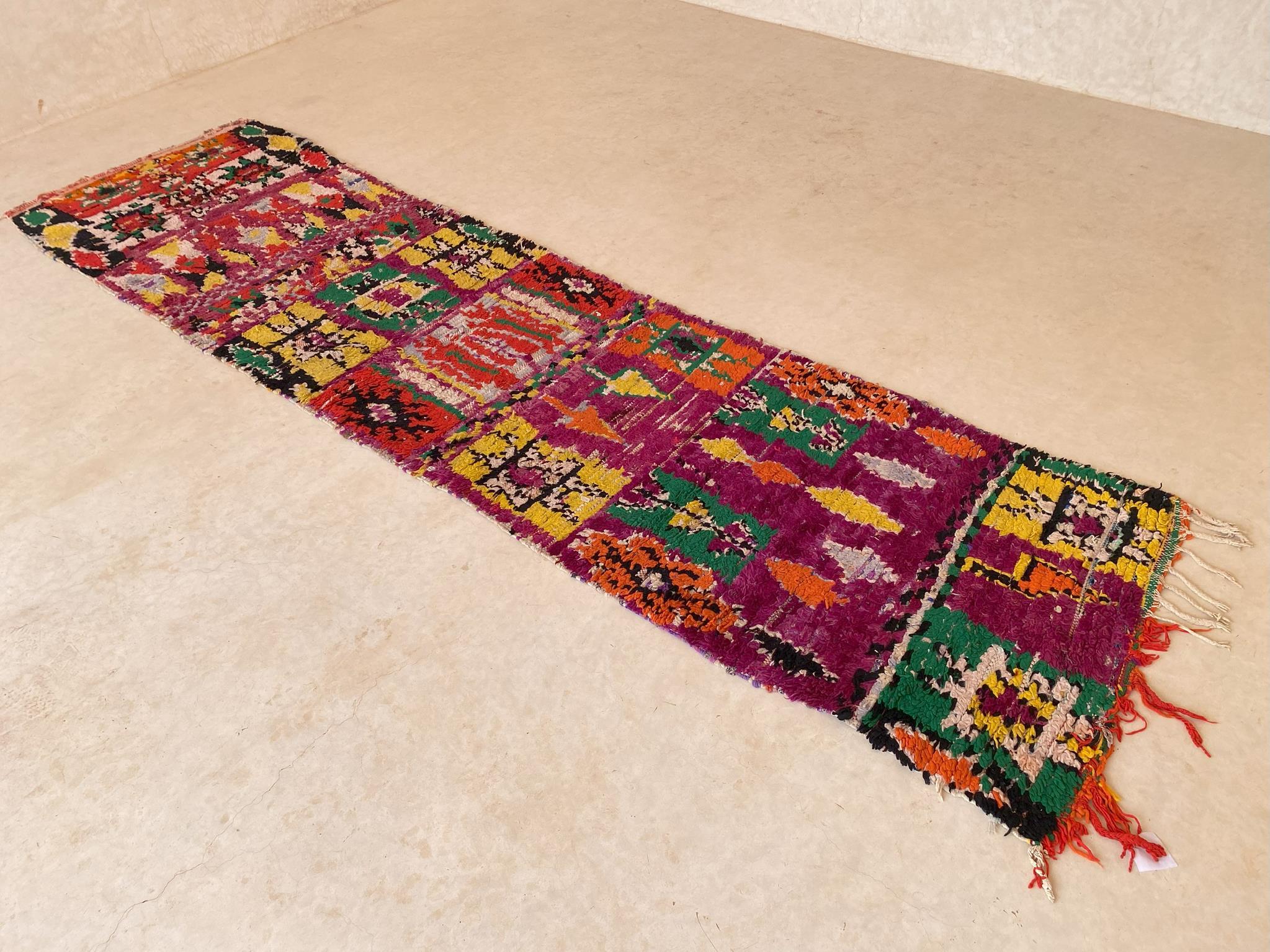 Bohemian Vintage Moroccan runner rug - Purple/green/orange - 2.8x11.5feet / 87x352cm For Sale