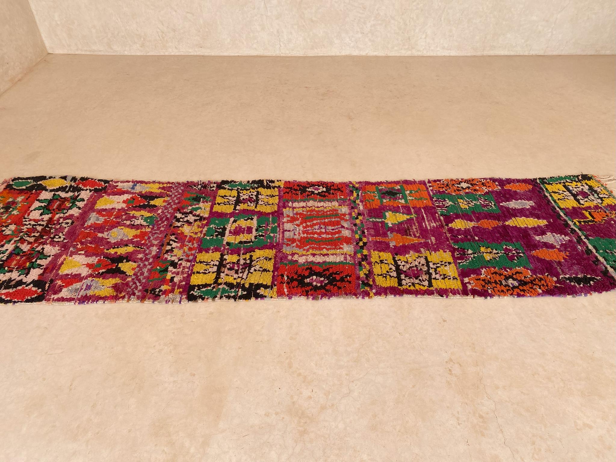 Hand-Woven Vintage Moroccan runner rug - Purple/green/orange - 2.8x11.5feet / 87x352cm For Sale