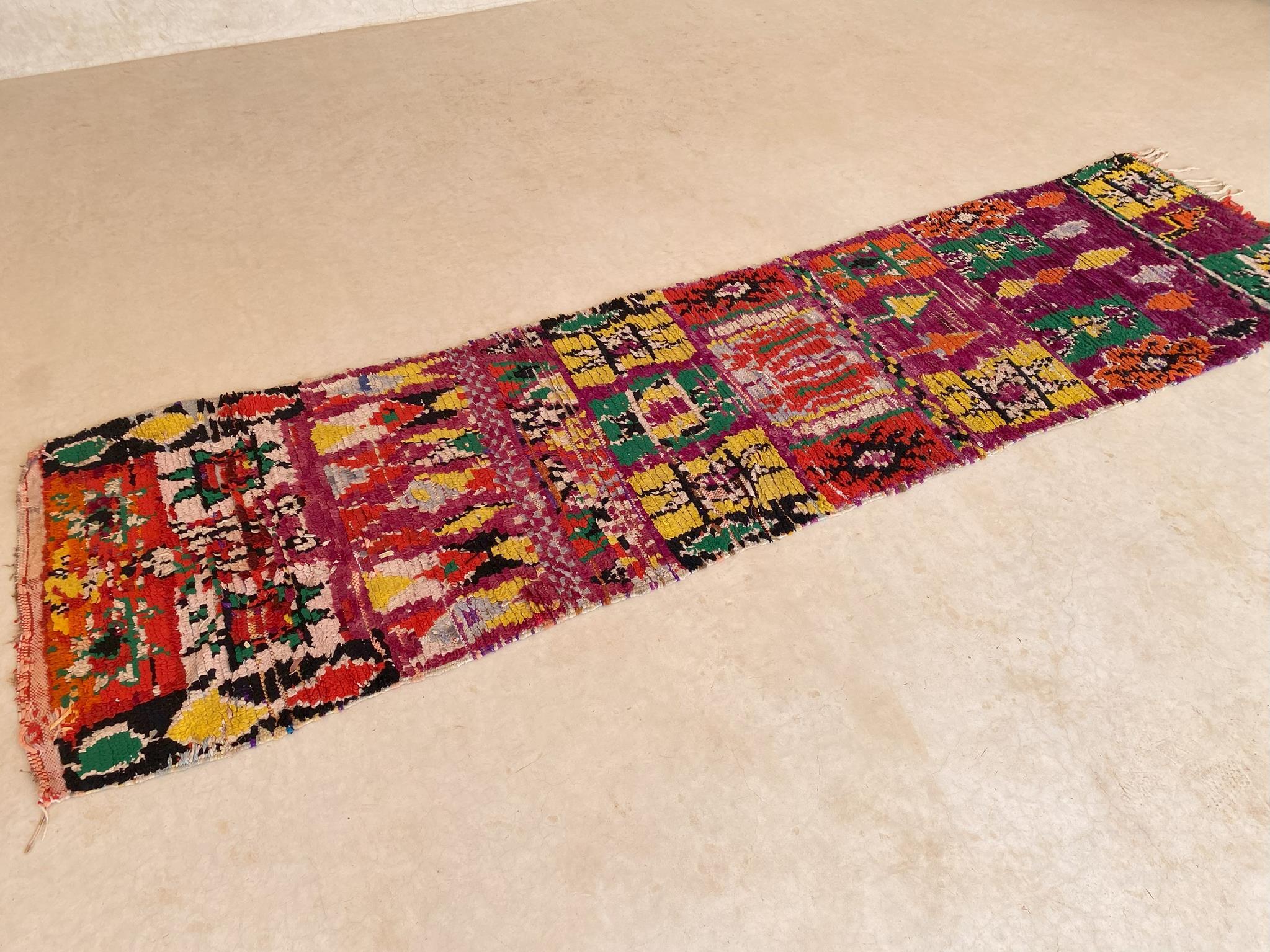 Vintage Moroccan runner rug - Purple/green/orange - 2.8x11.5feet / 87x352cm In Fair Condition For Sale In Marrakech, MA