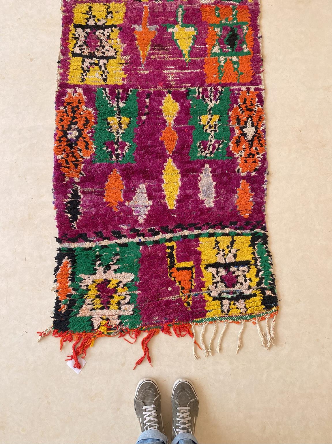 20th Century Vintage Moroccan runner rug - Purple/green/orange - 2.8x11.5feet / 87x352cm For Sale