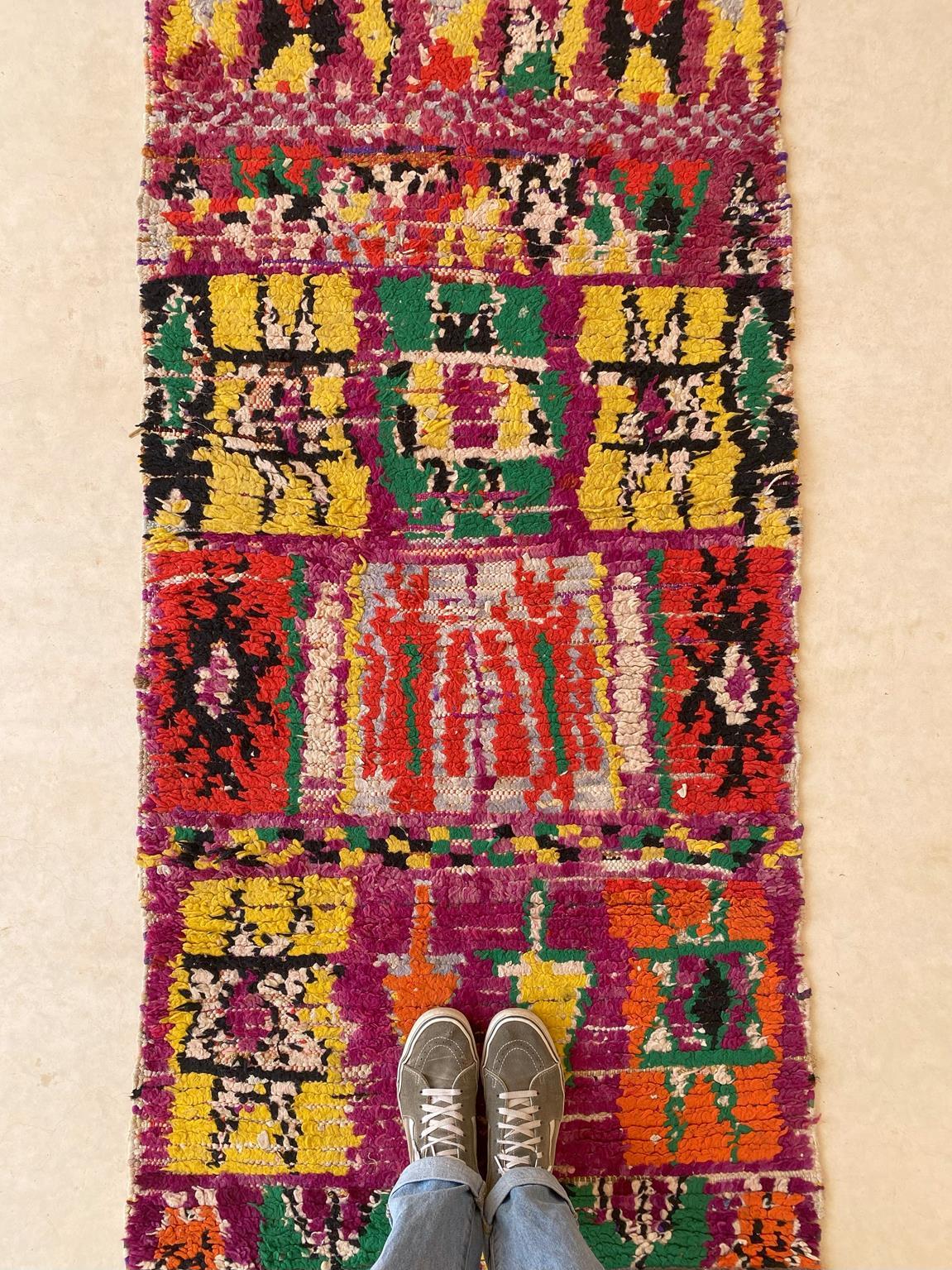 Wool Vintage Moroccan runner rug - Purple/green/orange - 2.8x11.5feet / 87x352cm For Sale