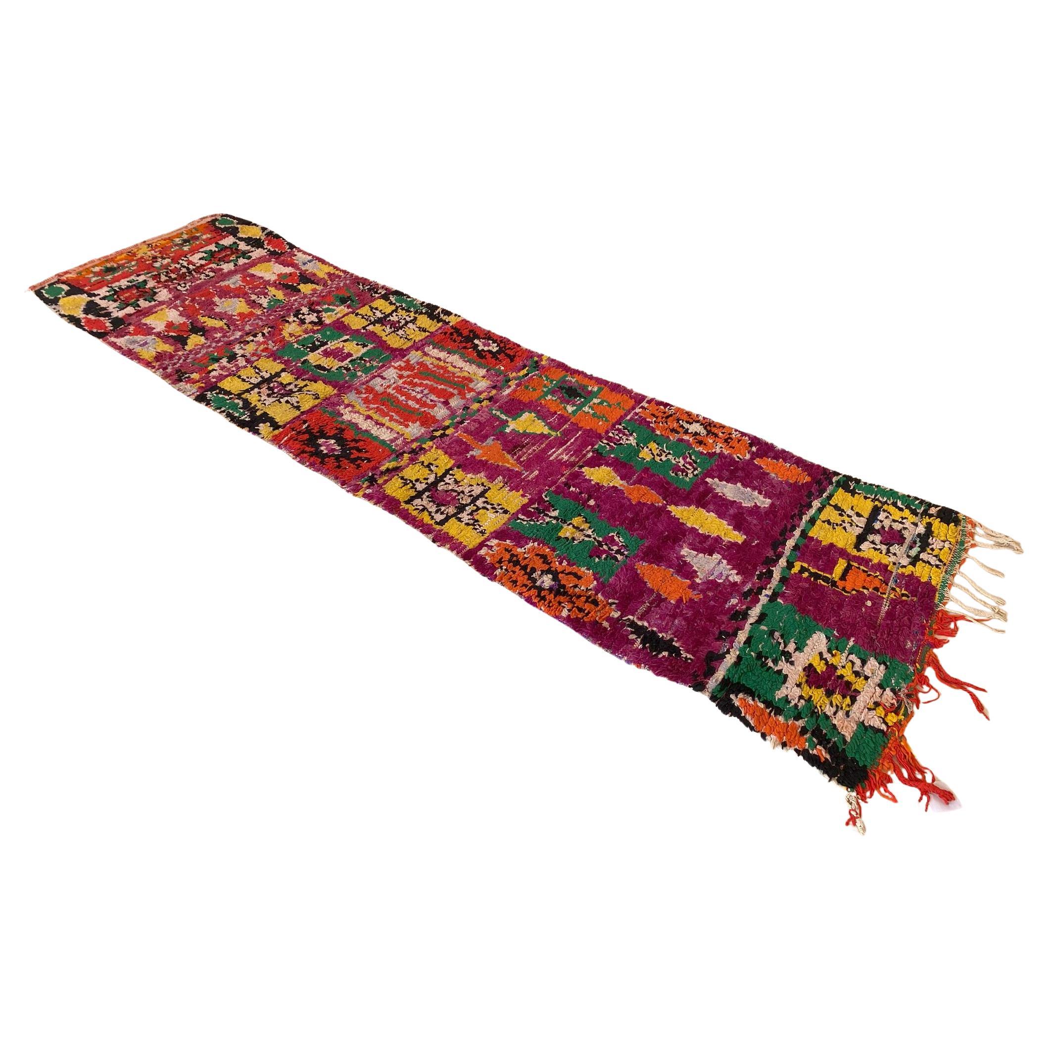 Vintage Moroccan runner rug - Purple/green/orange - 2.8x11.5feet / 87x352cm For Sale