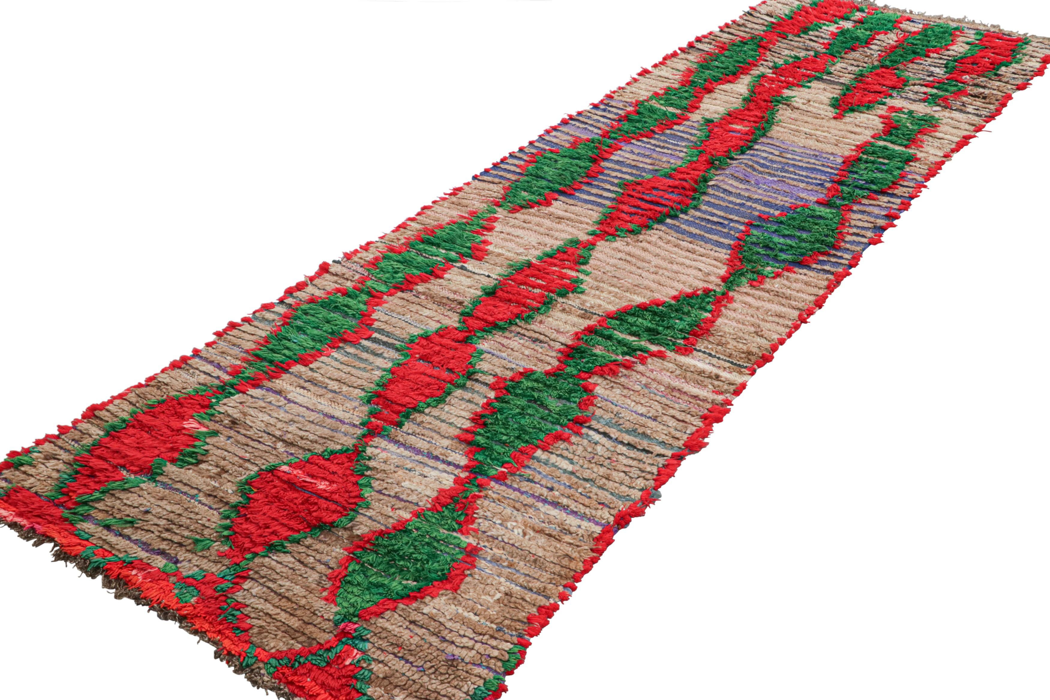 Hand-Knotted Vintage Moroccan Runner Rug, Red & Green with Geometric Patterns - Rug & Kilim For Sale