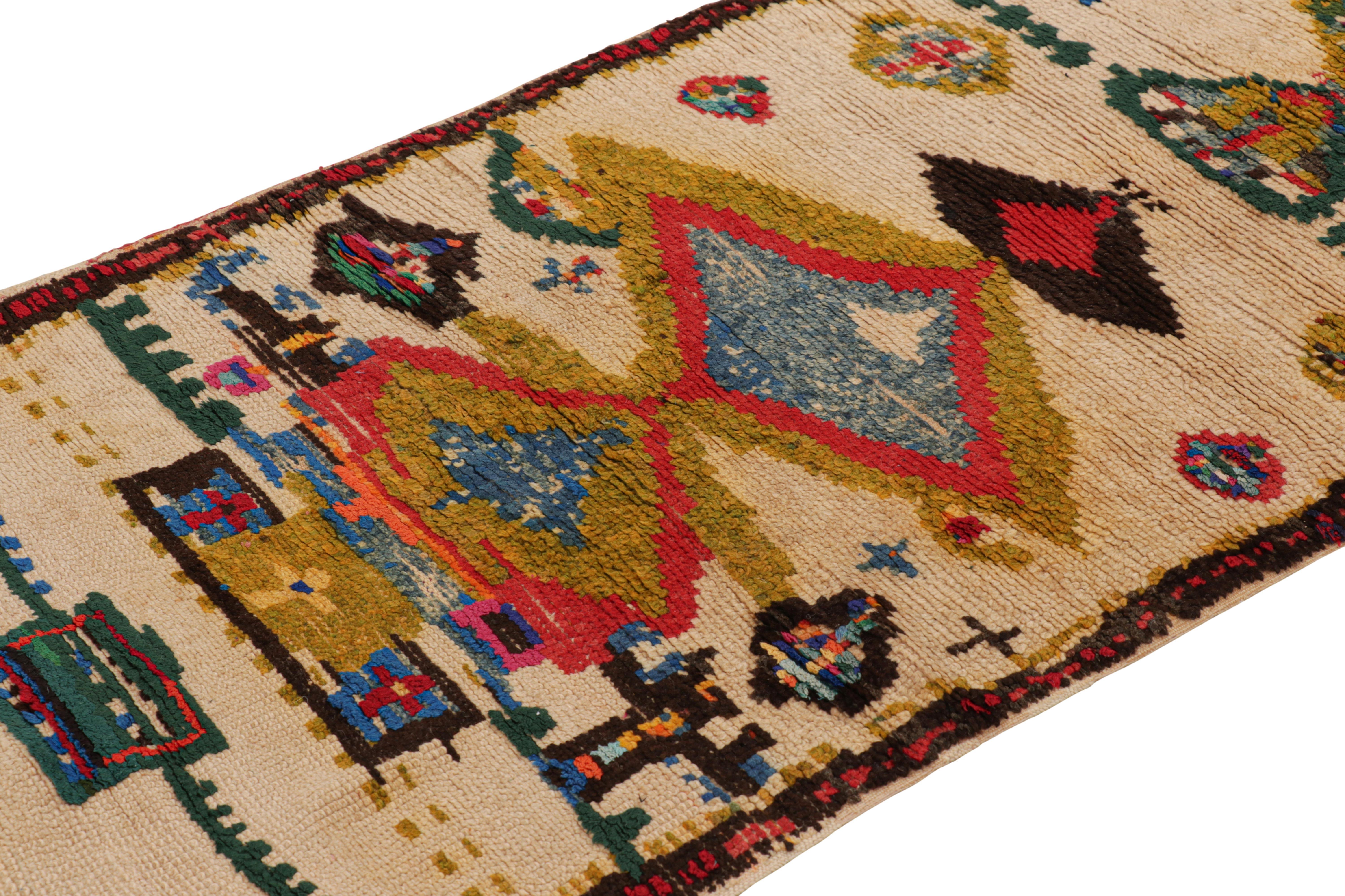 Hand-knotted in wool and originating from Morocco circa 1950-1960, this 3x6 vintage Moroccan rug is an extremely rare piece like so few of its provenance. 

On the Design: 

Admirers of the craft will note what an exceptional find this shabby chic
