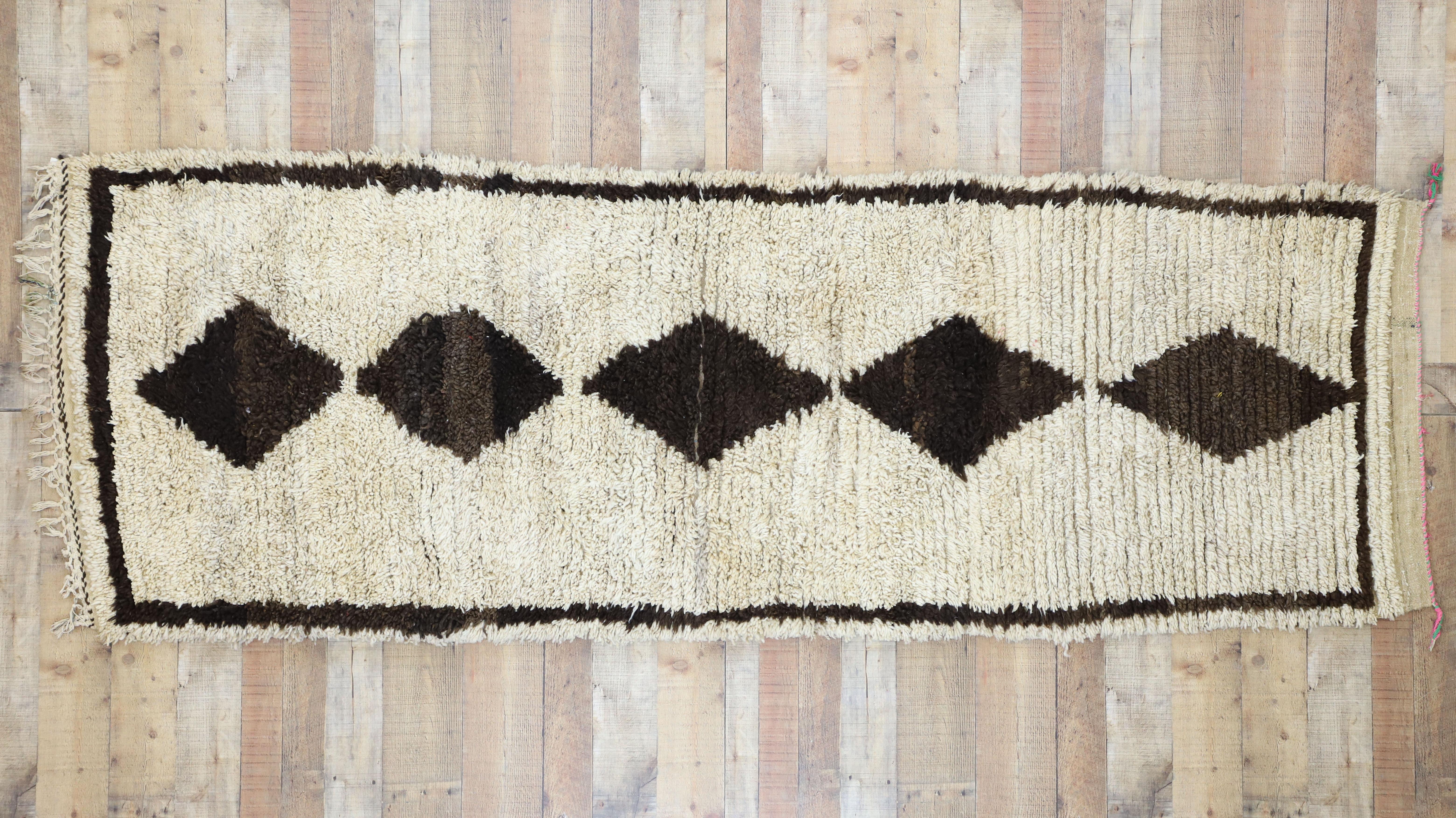 Wool Vintage Moroccan Runner with Bauhaus Primitive Style, Shag Hallway Runner