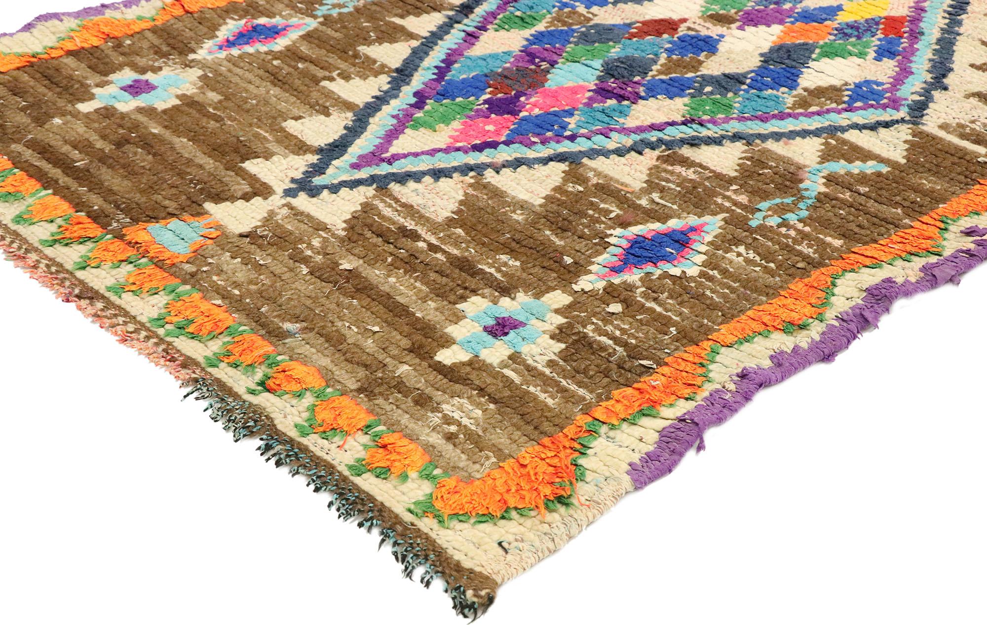 20628 Vintage Boucherouite Moroccan Azilal Rag Rug, 02'11 x 07'02. Bursting forth from the vibrant heart of central Morocco's provincial capital, cradled in the High Atlas Mountains, comes the dazzling legacy of Azila rugs – a distinct expression of