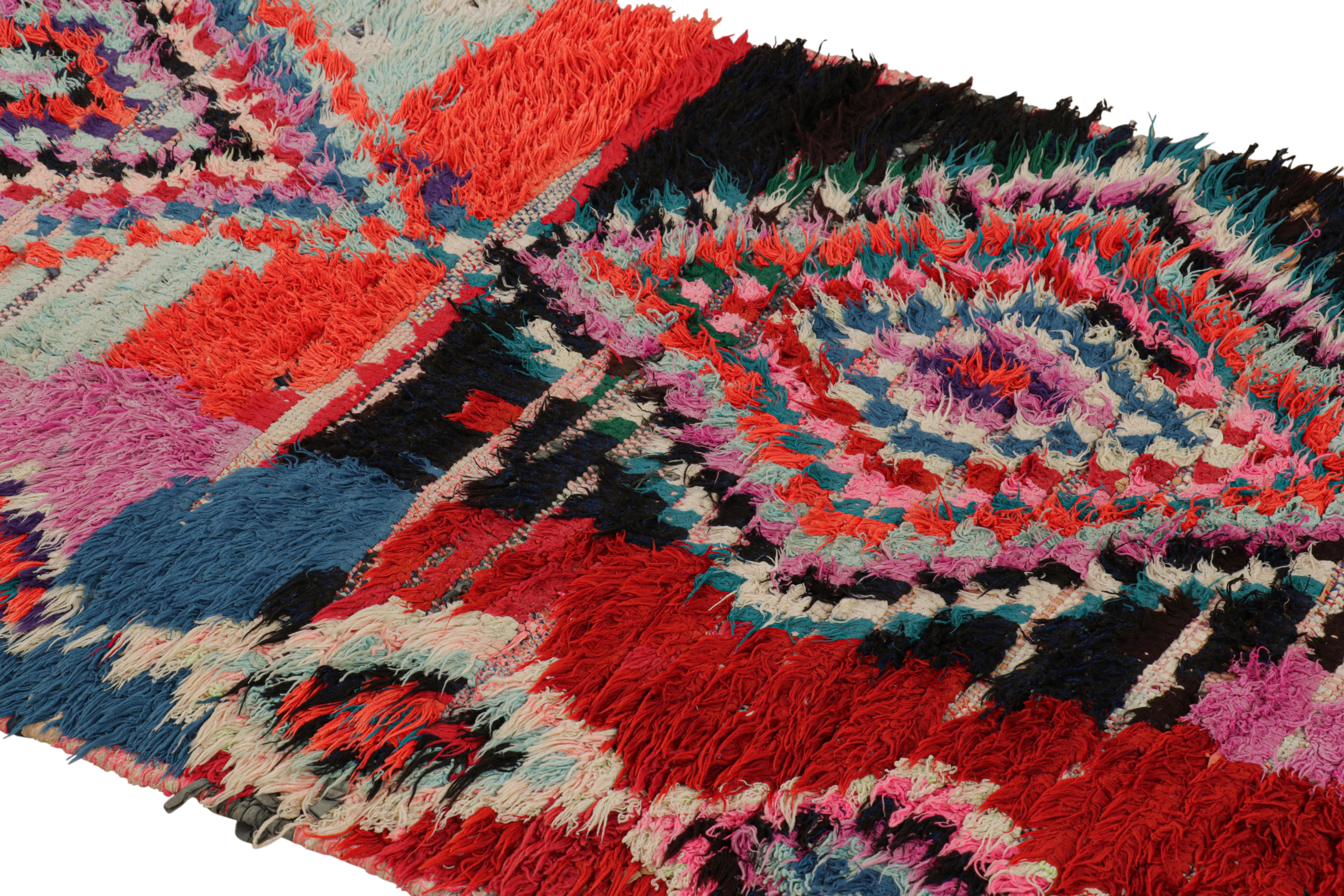 Hand-knotted in wool and originating from Morocco circa 1950-1960, this 3x7 vintage Moroccan rug is an extremely rare piece like so few of its provenance. 

On the Design: 

Admirers of the craft will note what an exceptional find this shabby chic