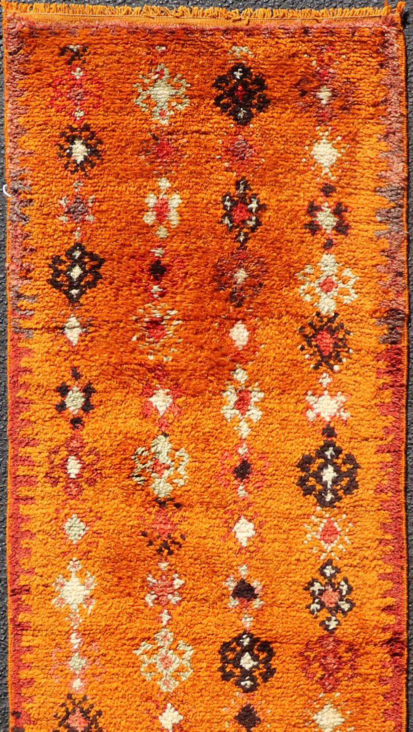 Tribal Vintage Moroccan Runner with Sub-Geometric Motifs in Saffron, Gold and Orange