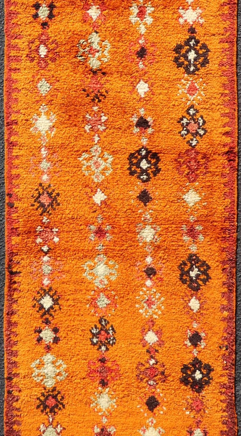Hand-Knotted Vintage Moroccan Runner with Sub-Geometric Motifs in Saffron, Gold and Orange