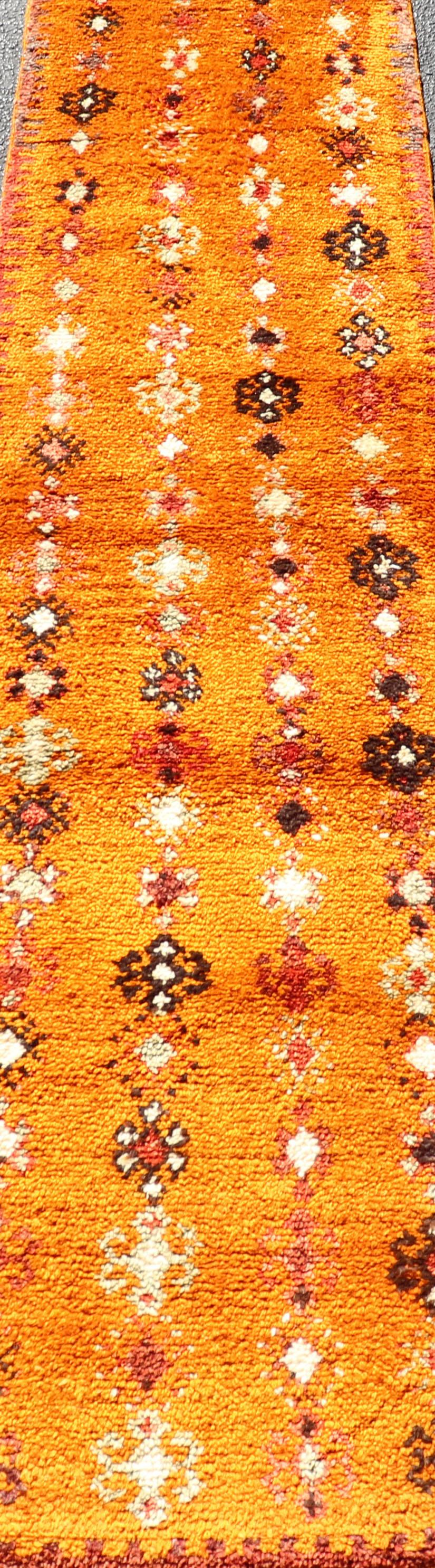 20th Century Vintage Moroccan Runner with Sub-Geometric Motifs in Saffron, Gold and Orange