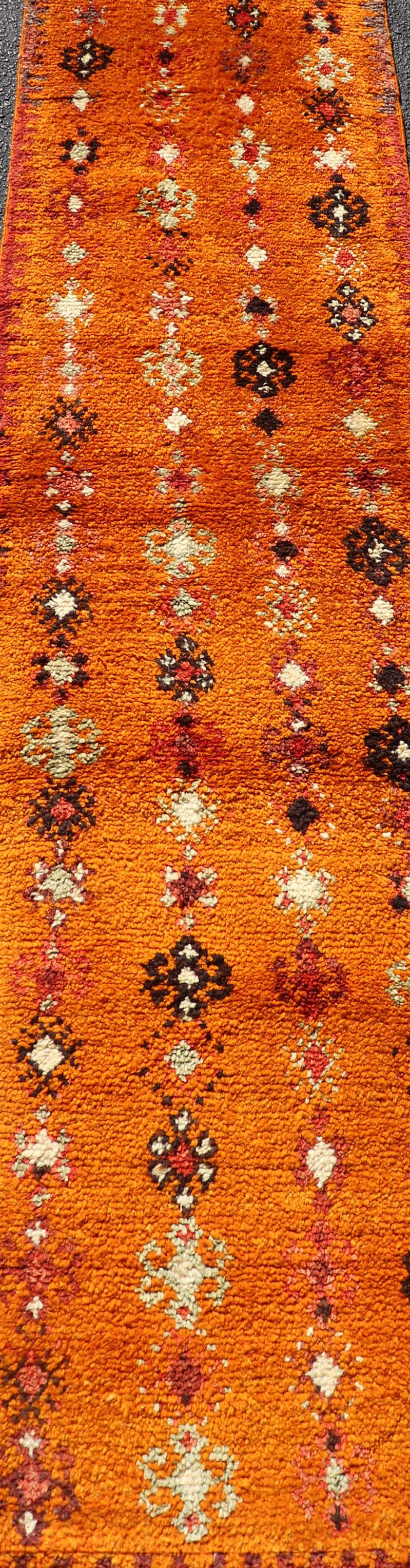 Wool Vintage Moroccan Runner with Sub-Geometric Motifs in Saffron, Gold and Orange