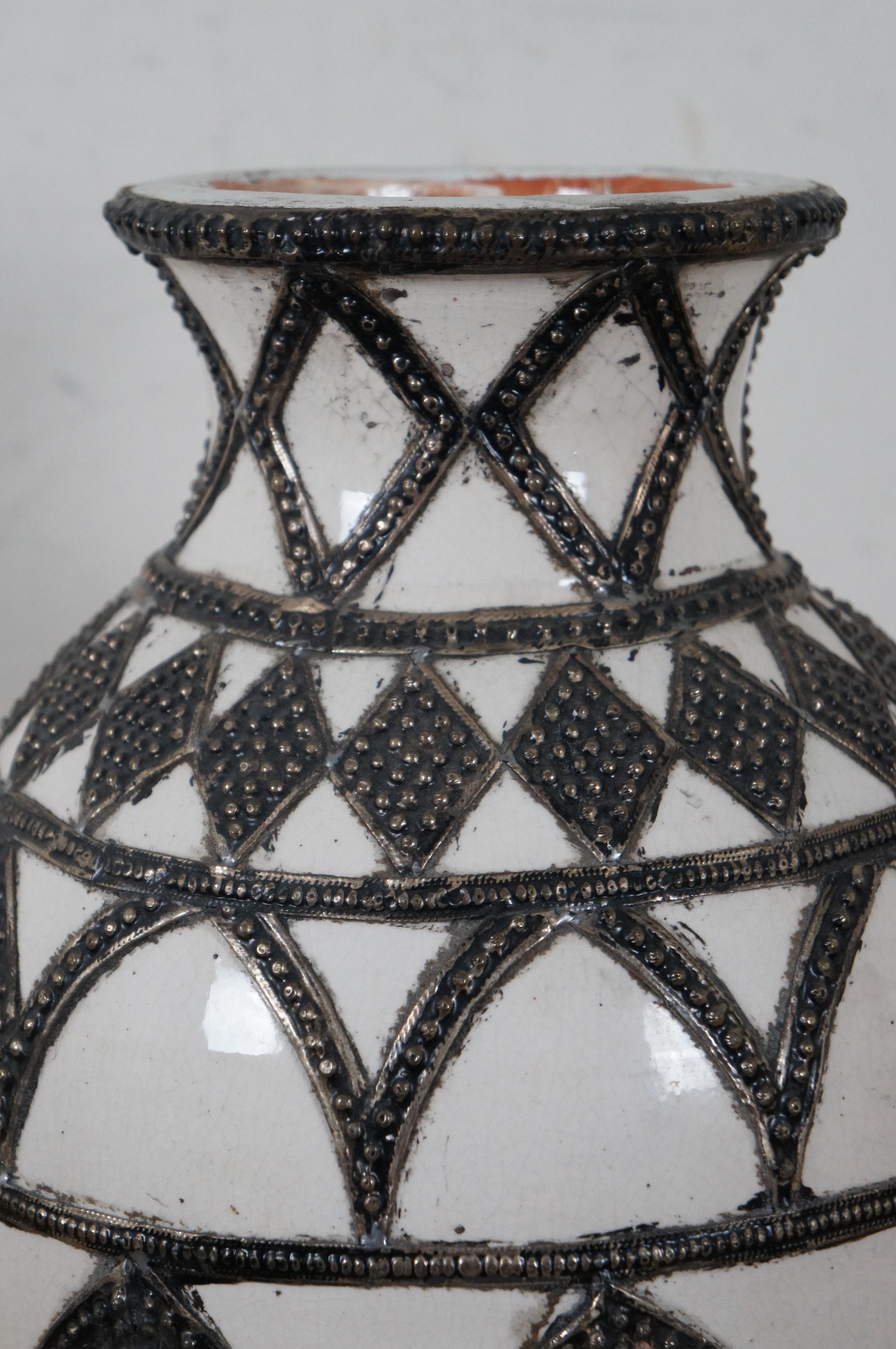 Vintage Moroccan Safi Ceramic Inlaid Nickel Silver Filigree Mantel Vase 17