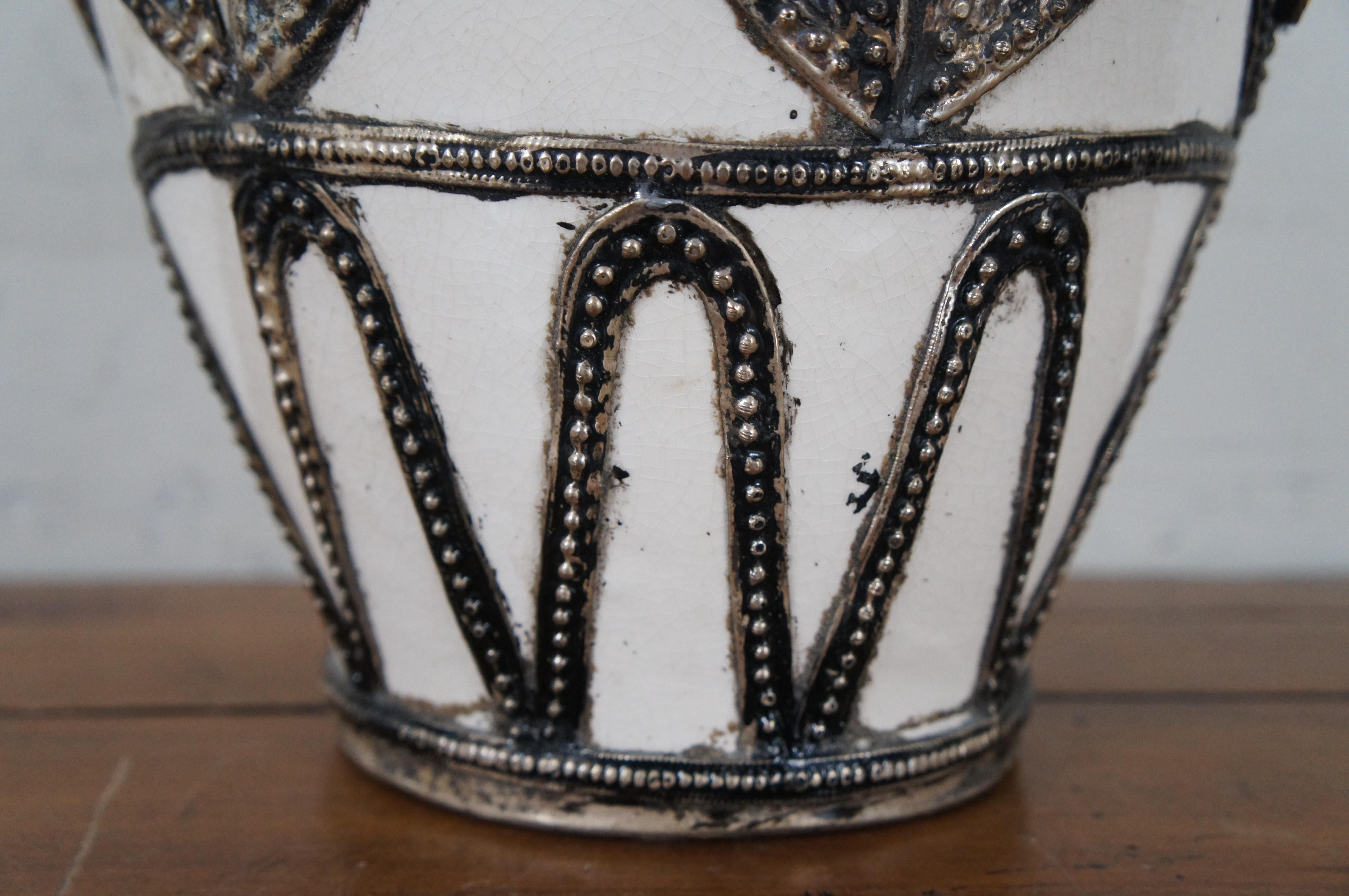 20th Century Vintage Moroccan Safi Ceramic Inlaid Nickel Silver Filigree Mantel Vase 17