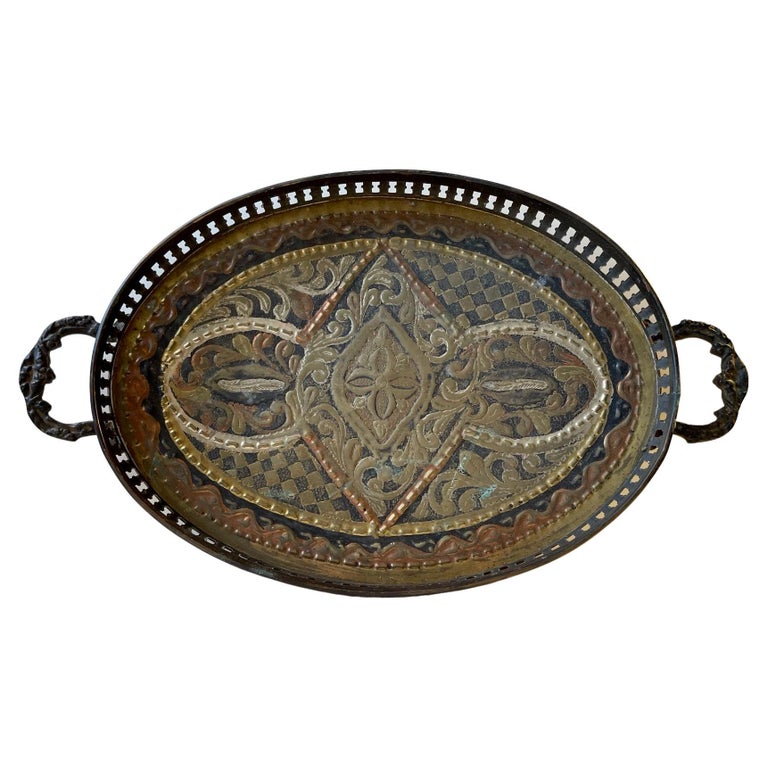 Vintage Moroccan Serving Tray in Embossed Mixed Metals For Sale