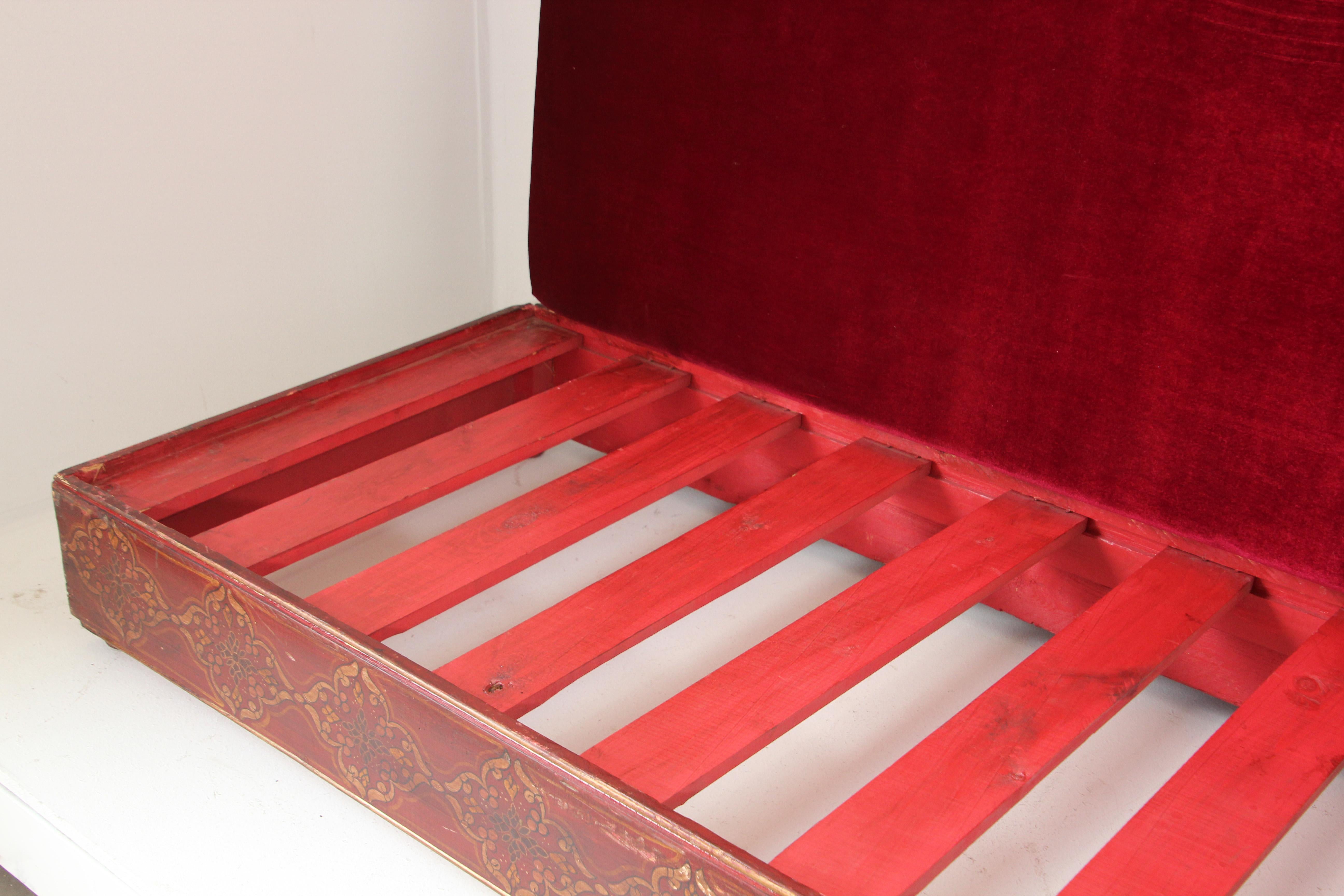 Vintage Moroccan Settee Low Bench, Day Bed with Red Cushion 2