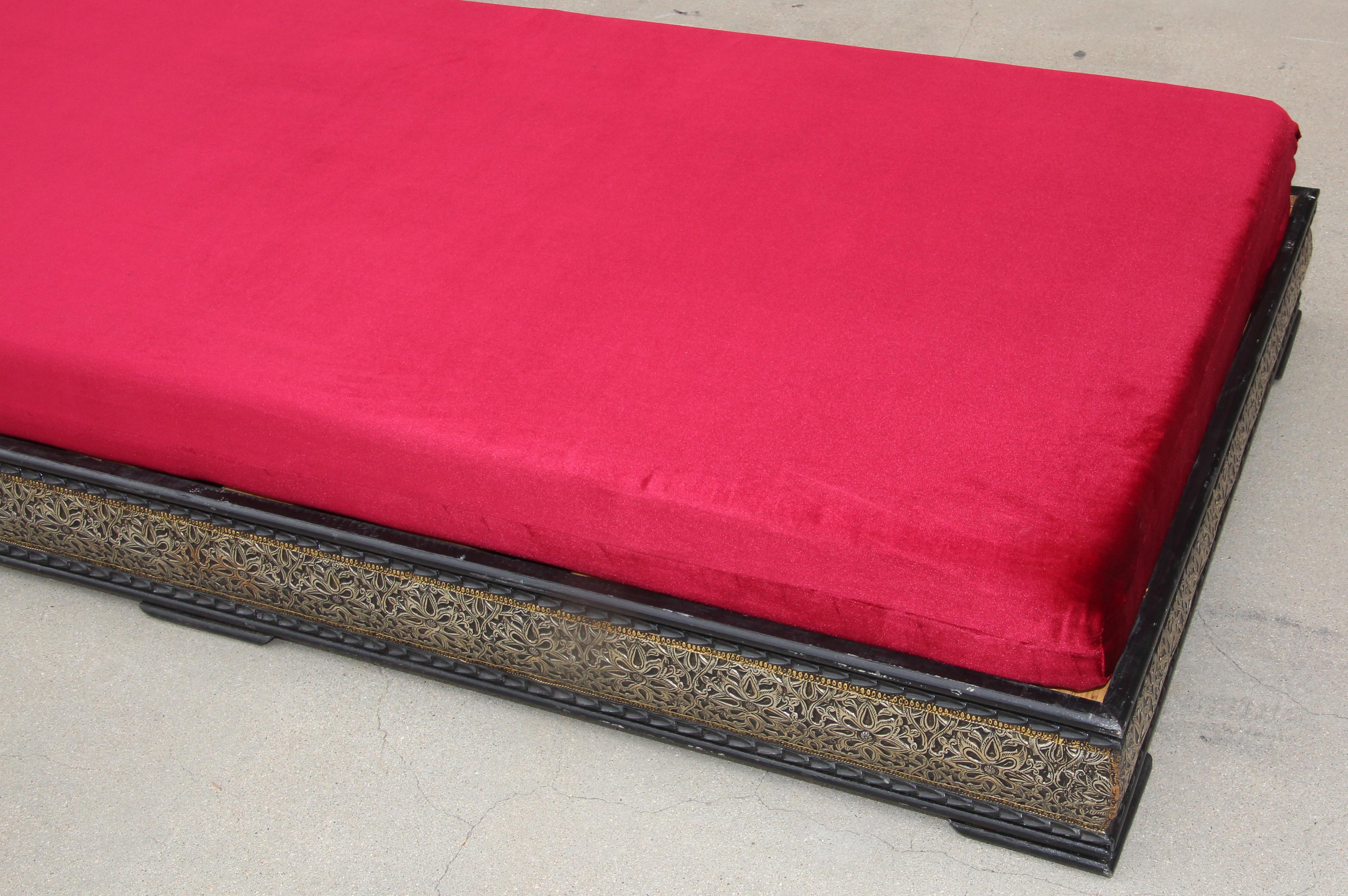 Vintage Moroccan Settee Low bench, Day Bed with Red Cushion 2