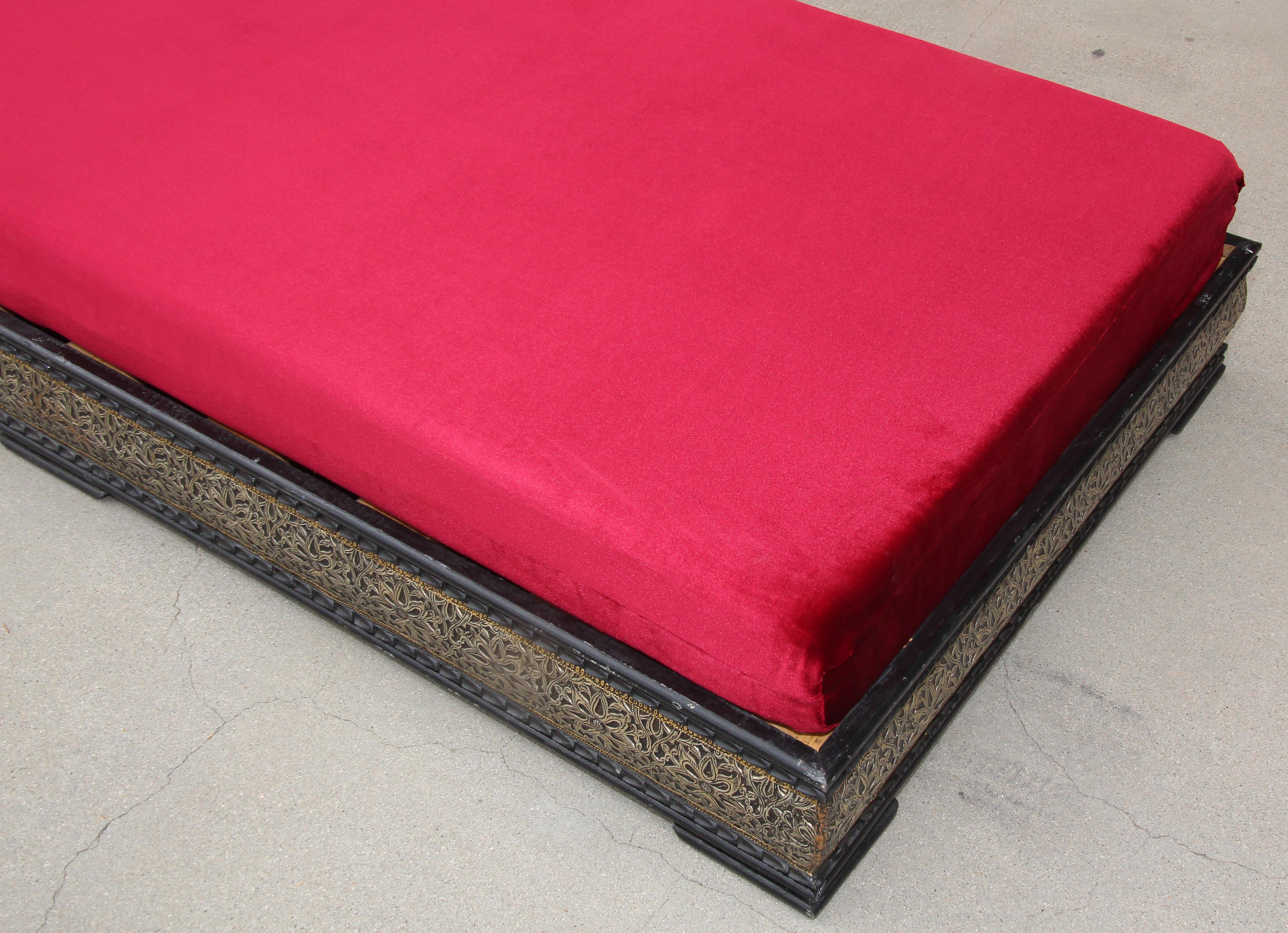 Vintage Moroccan Settee Low bench, Day Bed with Red Cushion 3