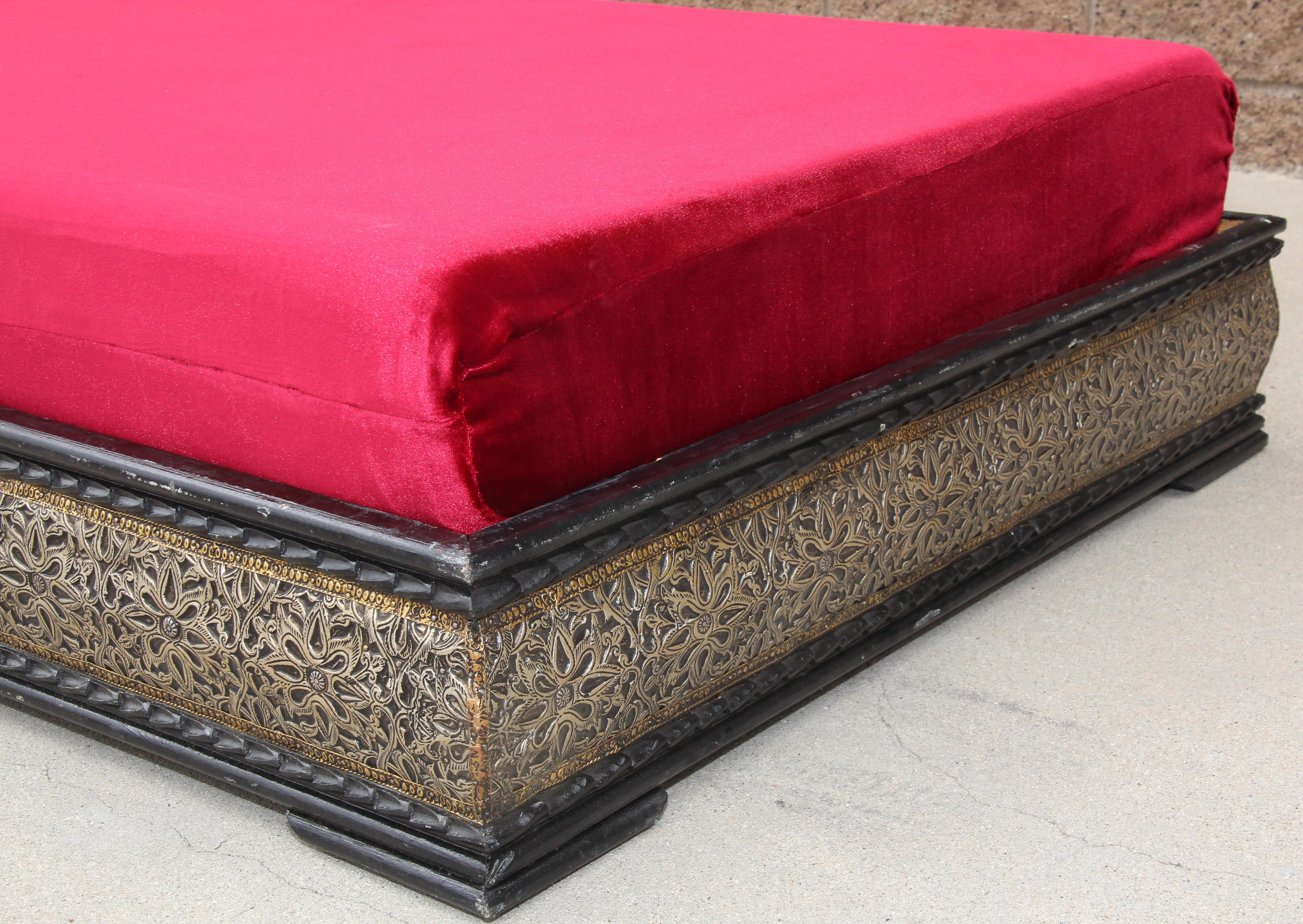 Vintage Moroccan Settee Low bench, Day Bed with Red Cushion 4
