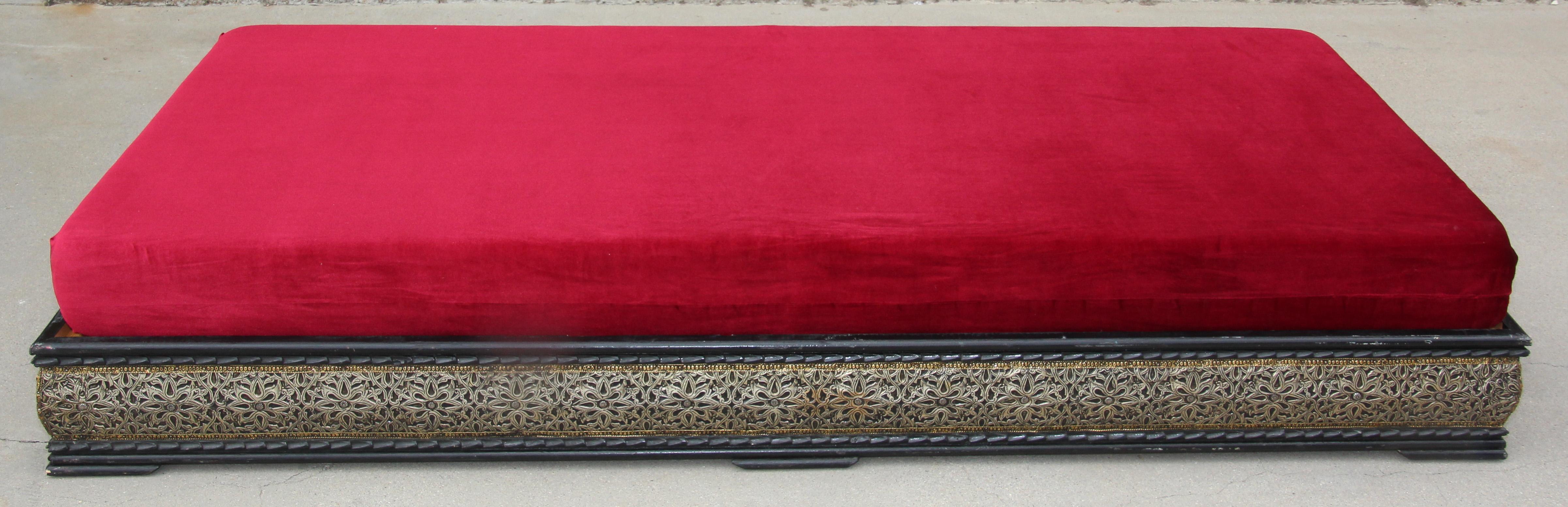 Vintage Moroccan Settee Low bench, Day Bed with Red Cushion 8