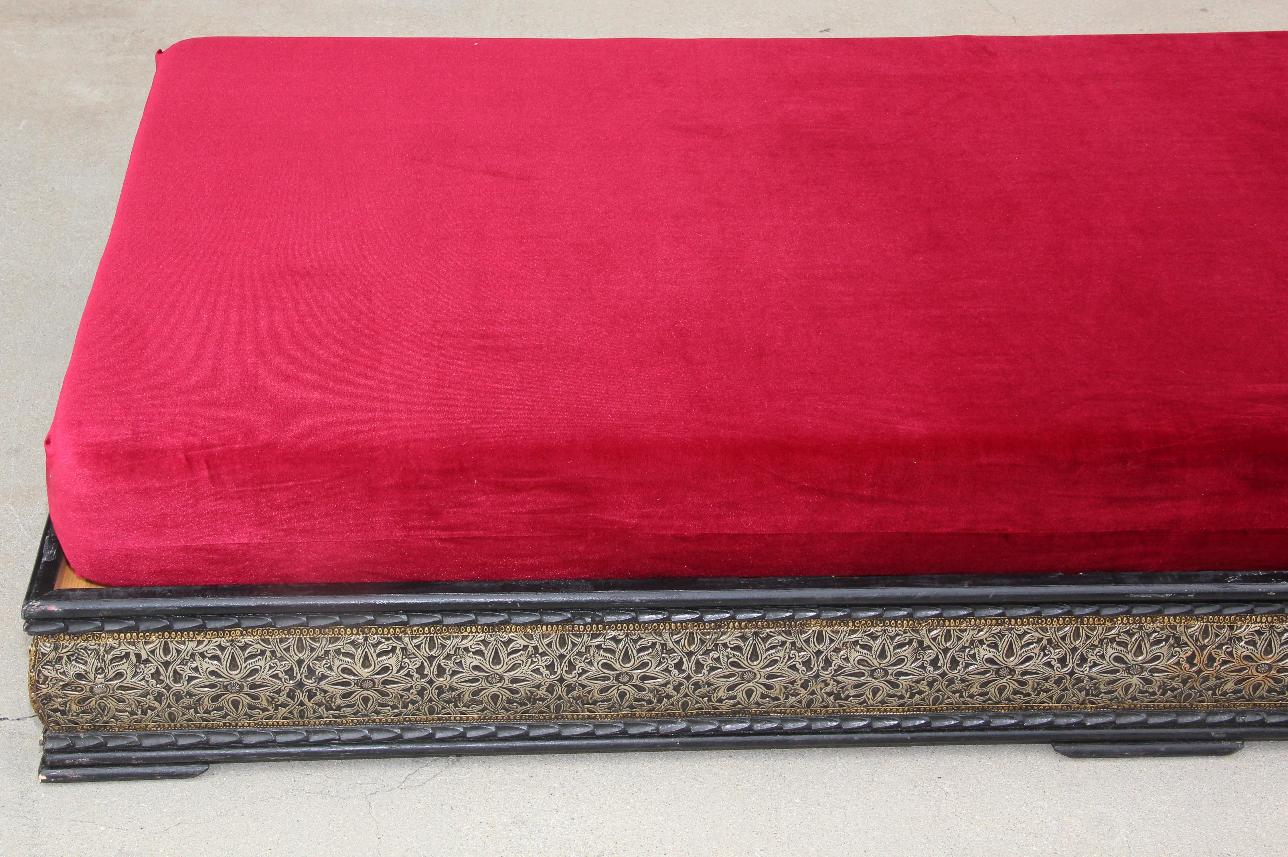 Vintage Moroccan Settee Low bench, Day Bed with Red Cushion 9