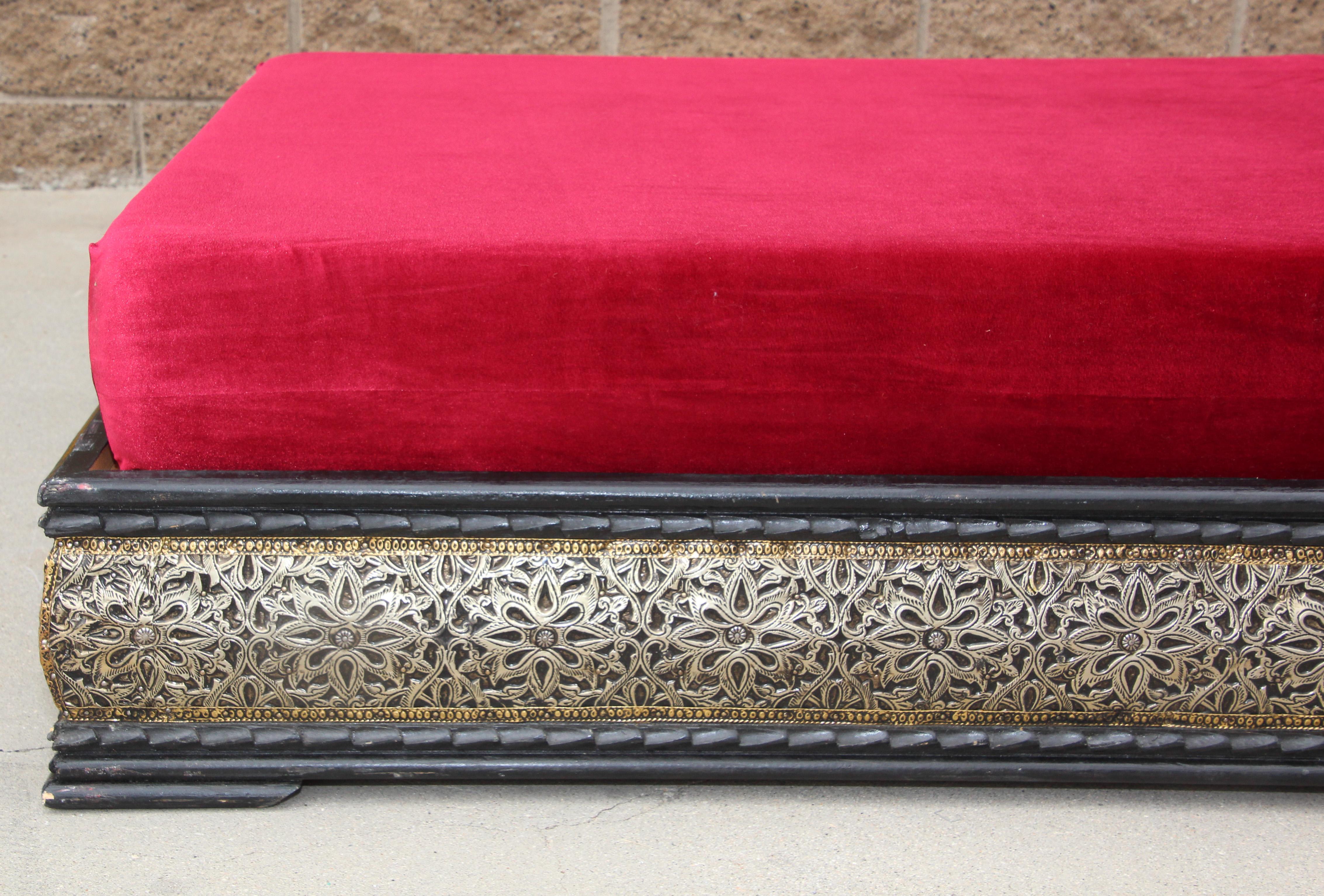 Vintage Moroccan Settee Low bench, Day Bed with Red Cushion 10