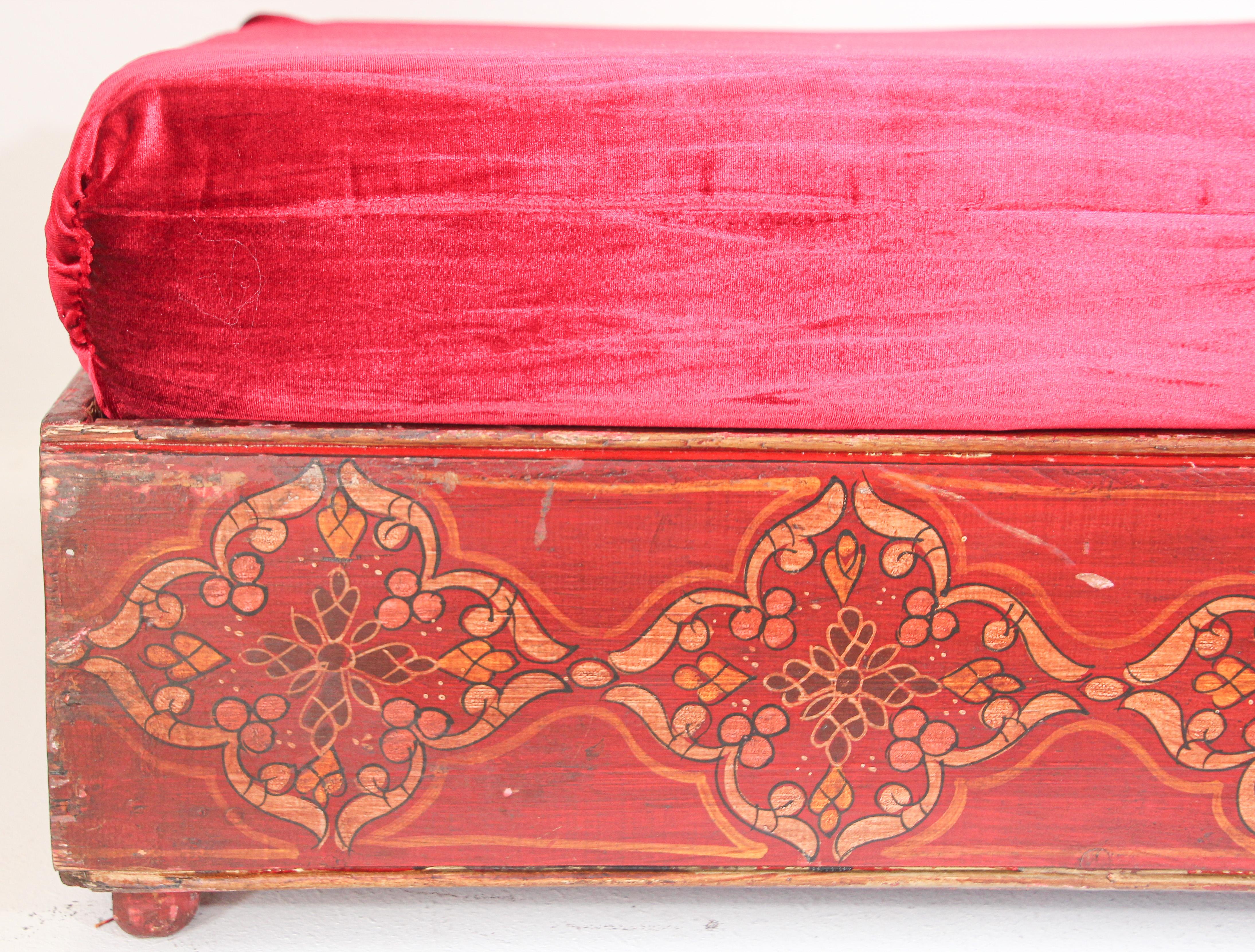 Moorish Vintage Moroccan Settee Low Bench, Day Bed with Red Cushion