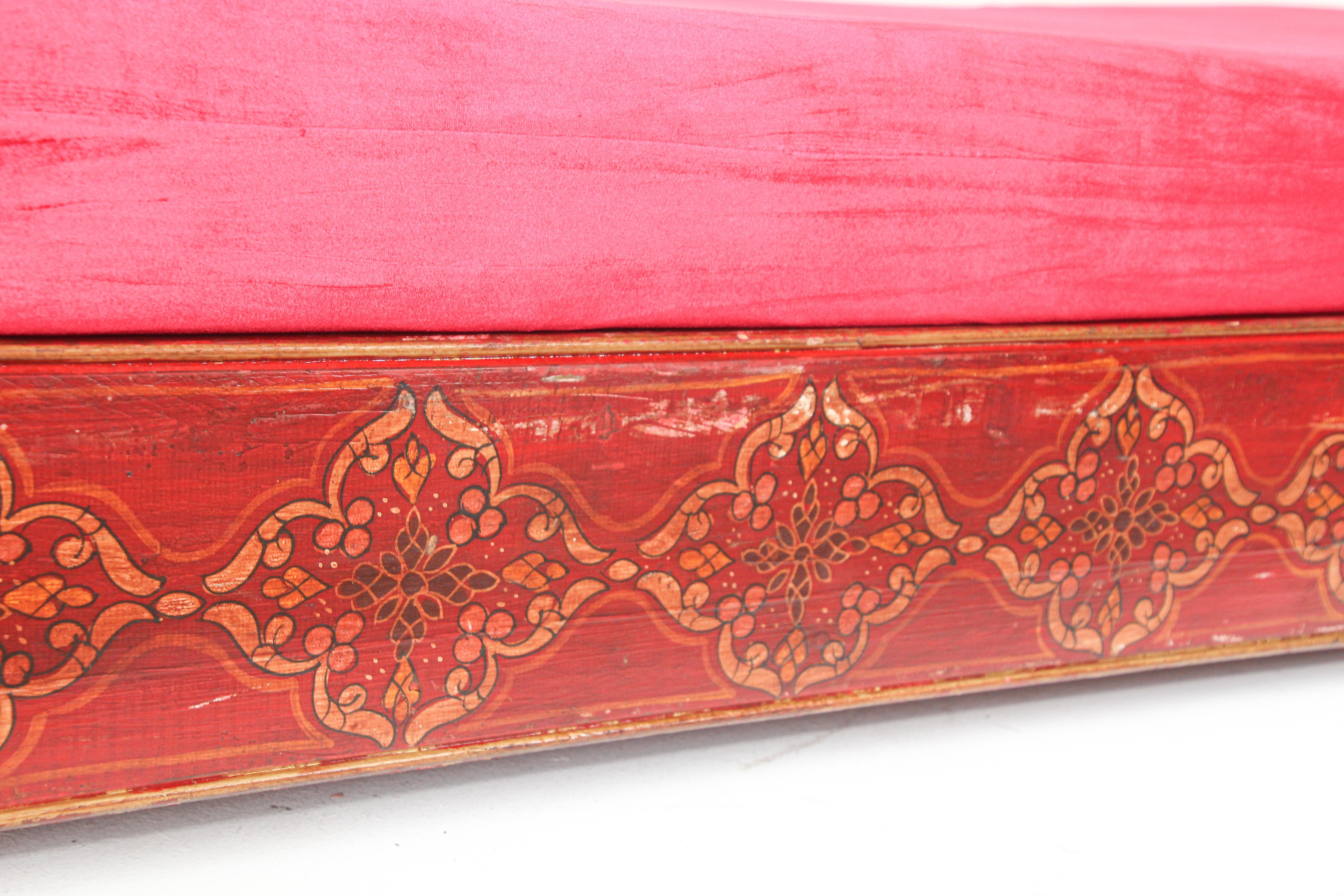 Hand-Crafted Vintage Moroccan Settee Low Bench, Day Bed with Red Cushion