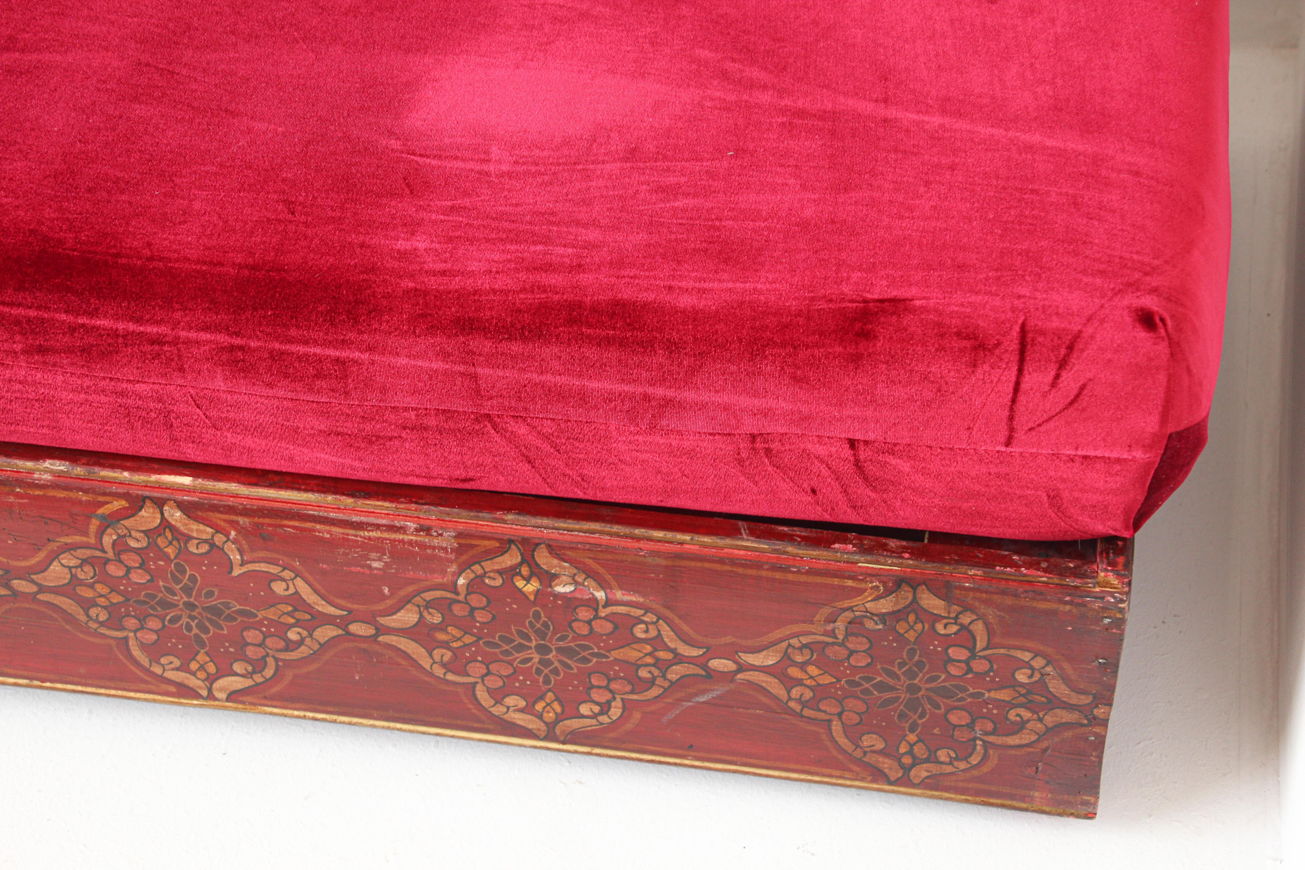 Wood Vintage Moroccan Settee Low Bench, Day Bed with Red Cushion