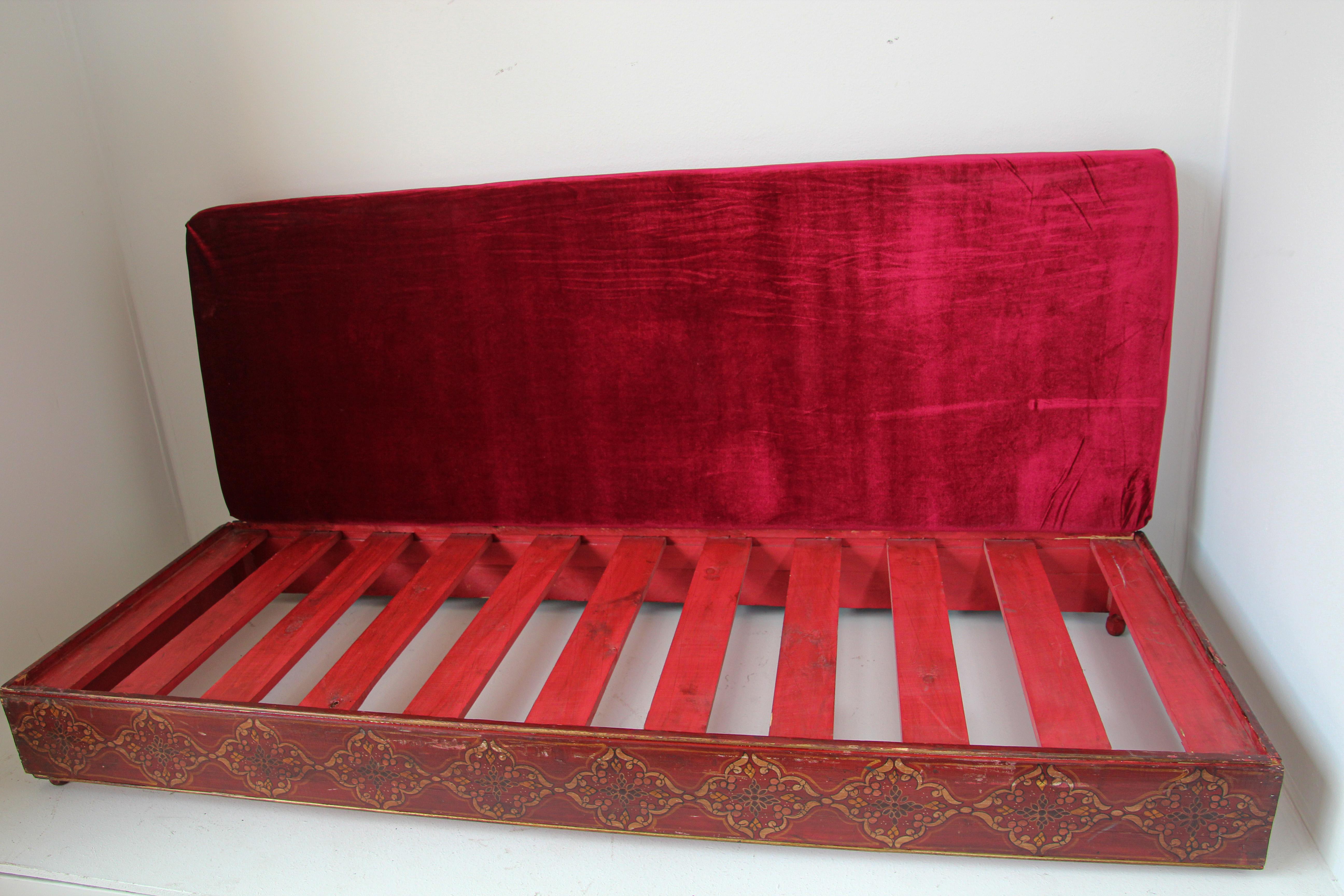 Vintage Moroccan Settee Low Bench, Day Bed with Red Cushion 1