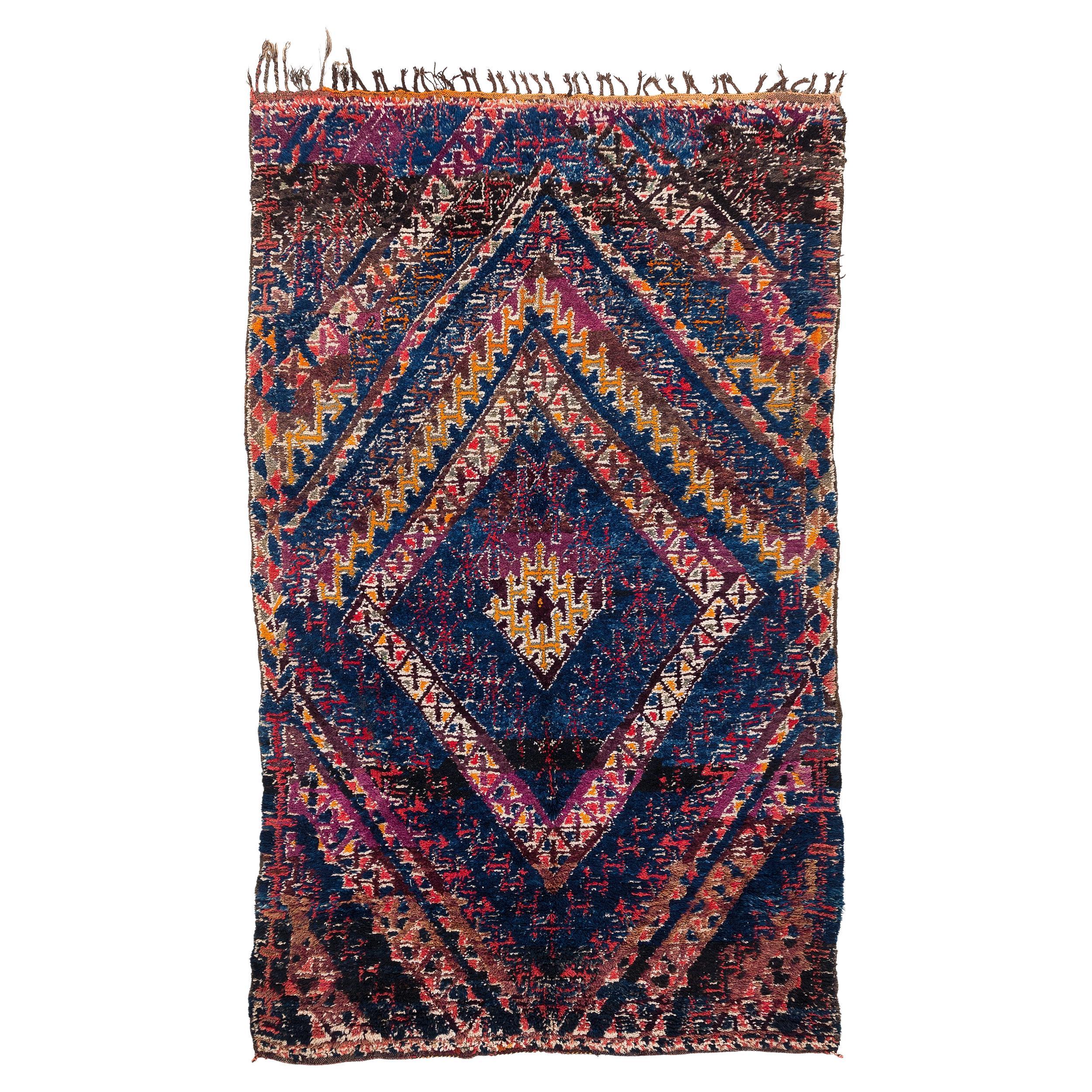 Antique Collectible Beni Mguild Moroccan Wool Shag Midcentury Diamond Area Rug