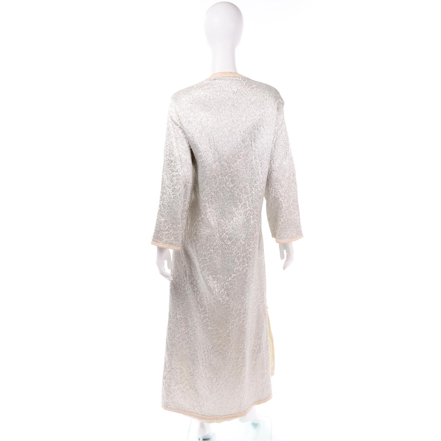 Vintage Moroccan Silver Metallic Brocade Caftan Evening Dress In Excellent Condition In Portland, OR