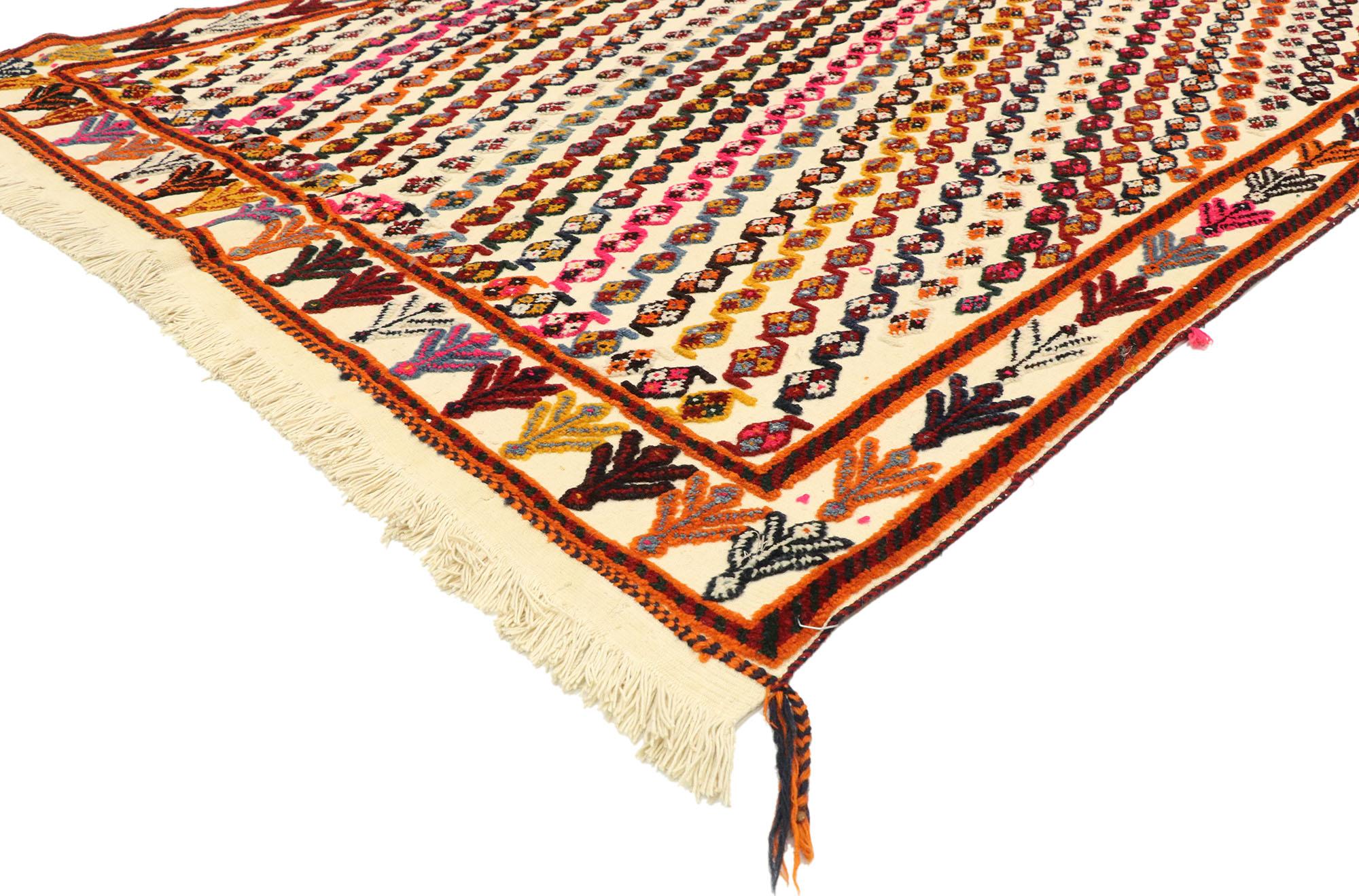 72764, vintage Moroccan Souf Kilim rug with boho chic Tribal style, high-low rug. Woven using a mixed technique of both pile and flat-weave, this handwoven wool vintage Moroccan Kilim rug adds a fresh sense of style. Modern tribal style combined