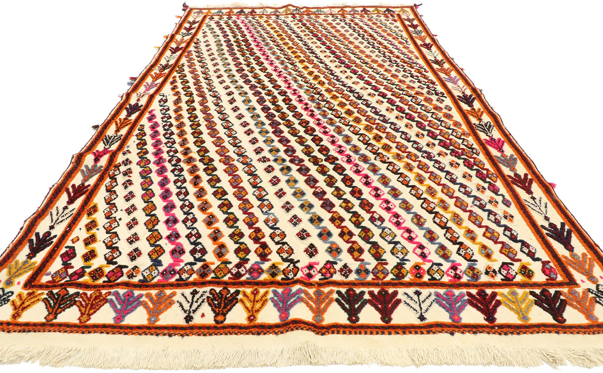 Hand-Woven Vintage Moroccan Souf Kilim Rug with Boho Chic Tribal Style, High-Low Rug For Sale