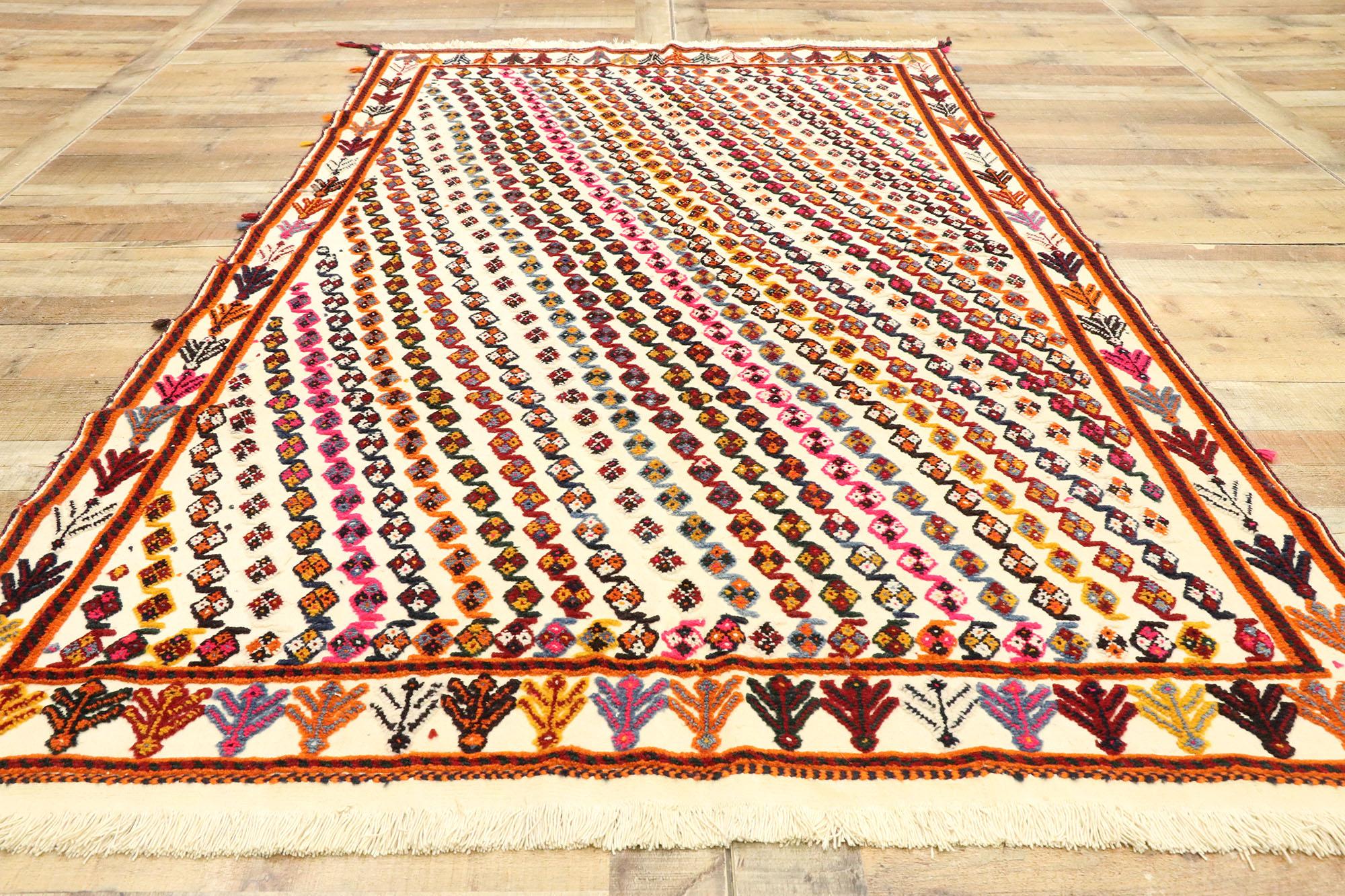 Wool Vintage Moroccan Souf Kilim Rug with Boho Chic Tribal Style, High-Low Rug For Sale
