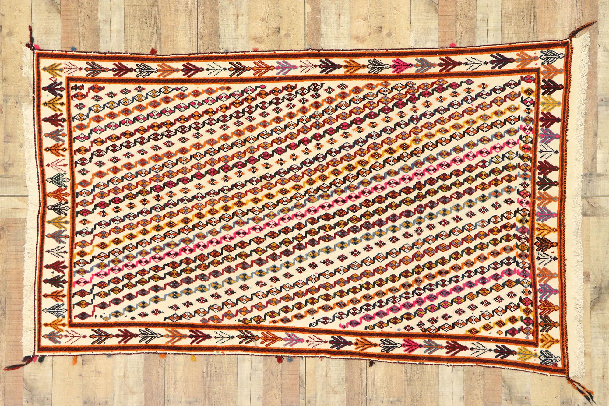 Vintage Moroccan Souf Kilim Rug with Boho Chic Tribal Style, High-Low Rug For Sale 1