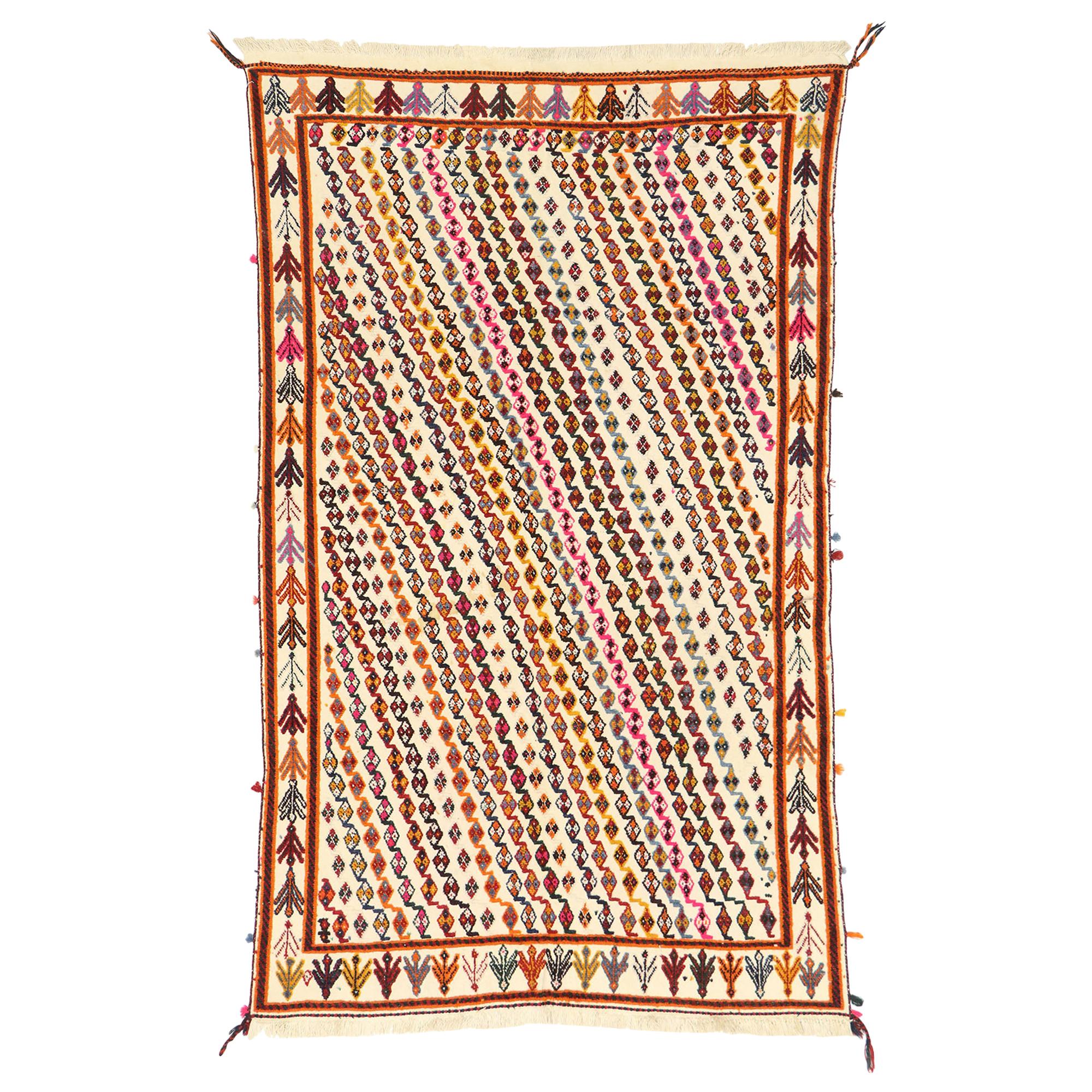 Vintage Moroccan Souf Kilim Rug with Boho Chic Tribal Style, High-Low Rug For Sale