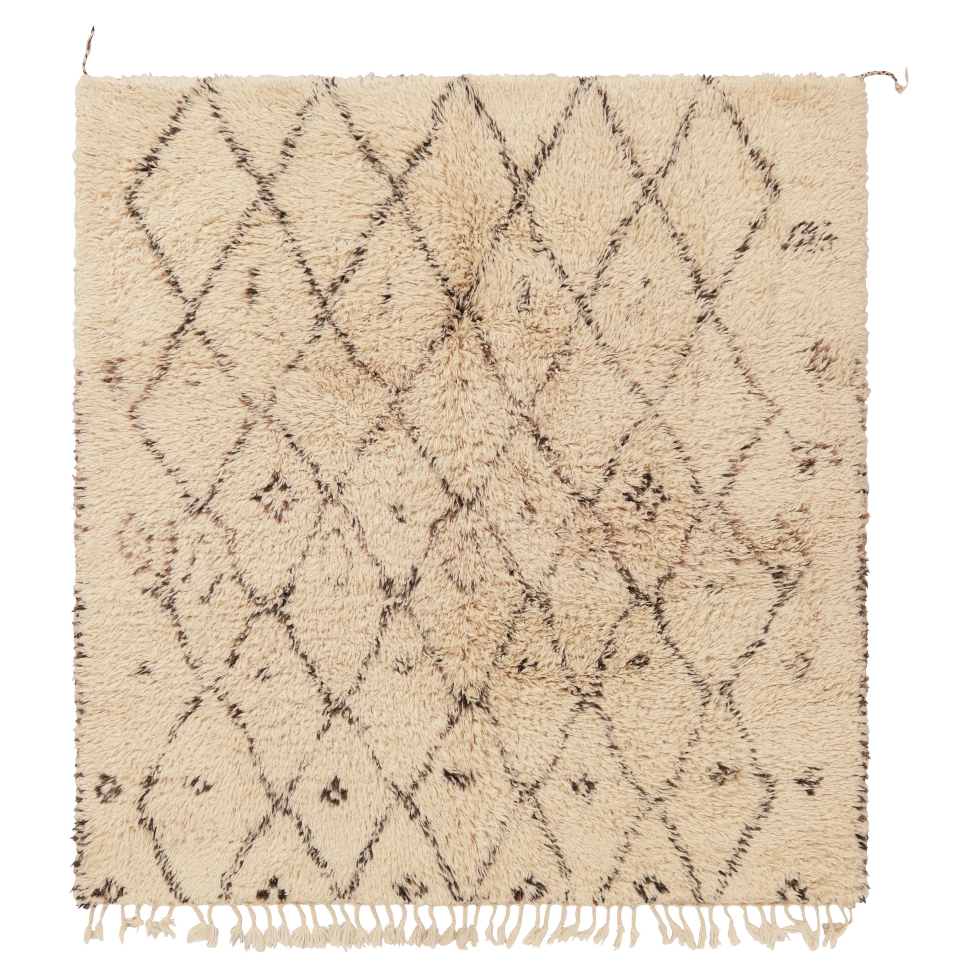 Vintage Moroccan Square Rug, Beige with Brown Diamond Patterns - Rug & Kilim