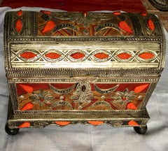 Vintage Moroccan Storage Chest, Carved Bone, Silver Repousse, Tuareg Leather