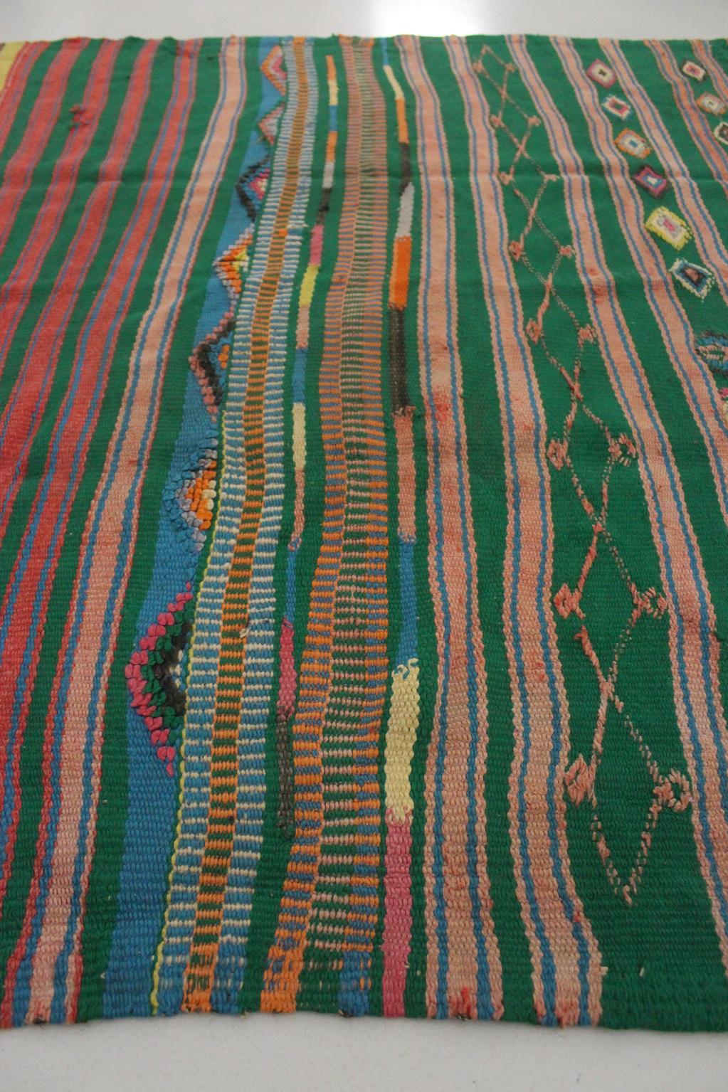Vintage Moroccan striped kilim rug - Green/pink/red - 5.1x10.2feet / 157x312cm For Sale 3