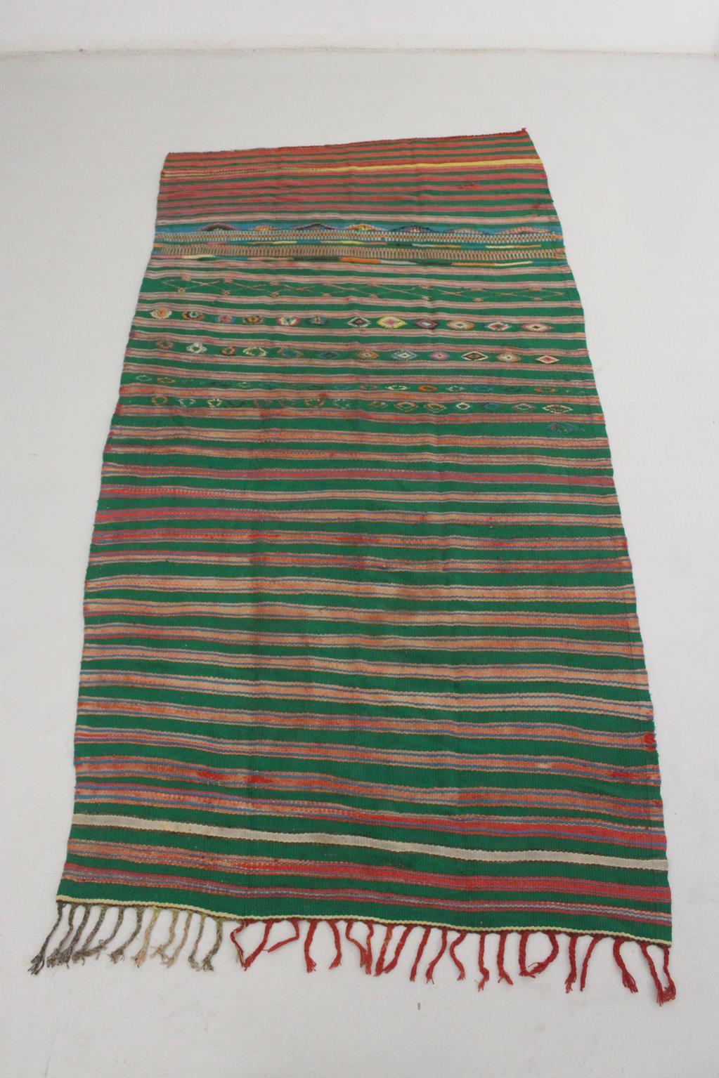 Vintage Moroccan striped kilim rug - Green/pink/red - 5.1x10.2feet / 157x312cm For Sale 7