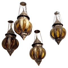 Vintage Moroccan Style Silvered Brass Panel with Glass Hanging Pendant Light