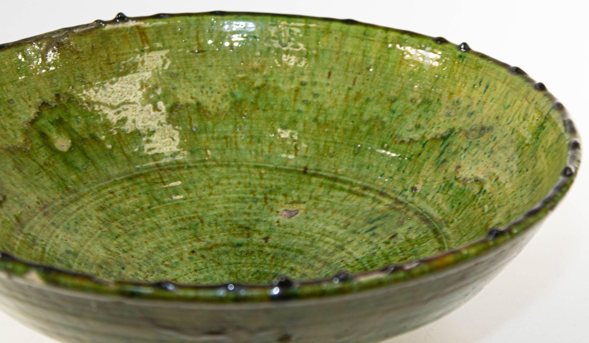 Vintage Moroccan Tamgroute Bowl Green Glazed Terra Cotta For Sale 4