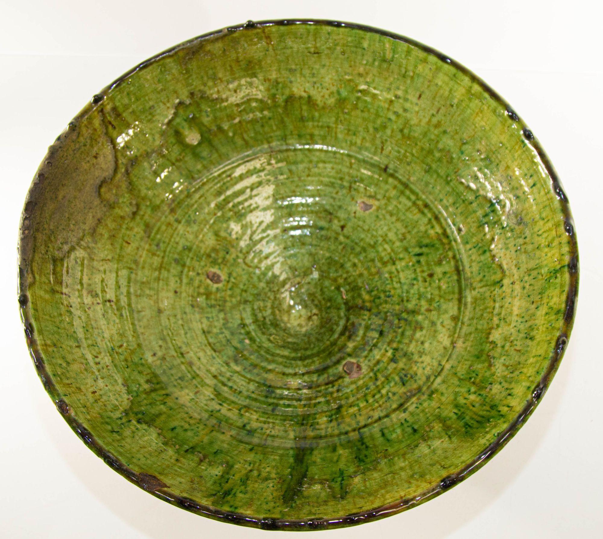 Vintage Moroccan Tamgroute Bowl Green Glazed Terra Cotta For Sale 7