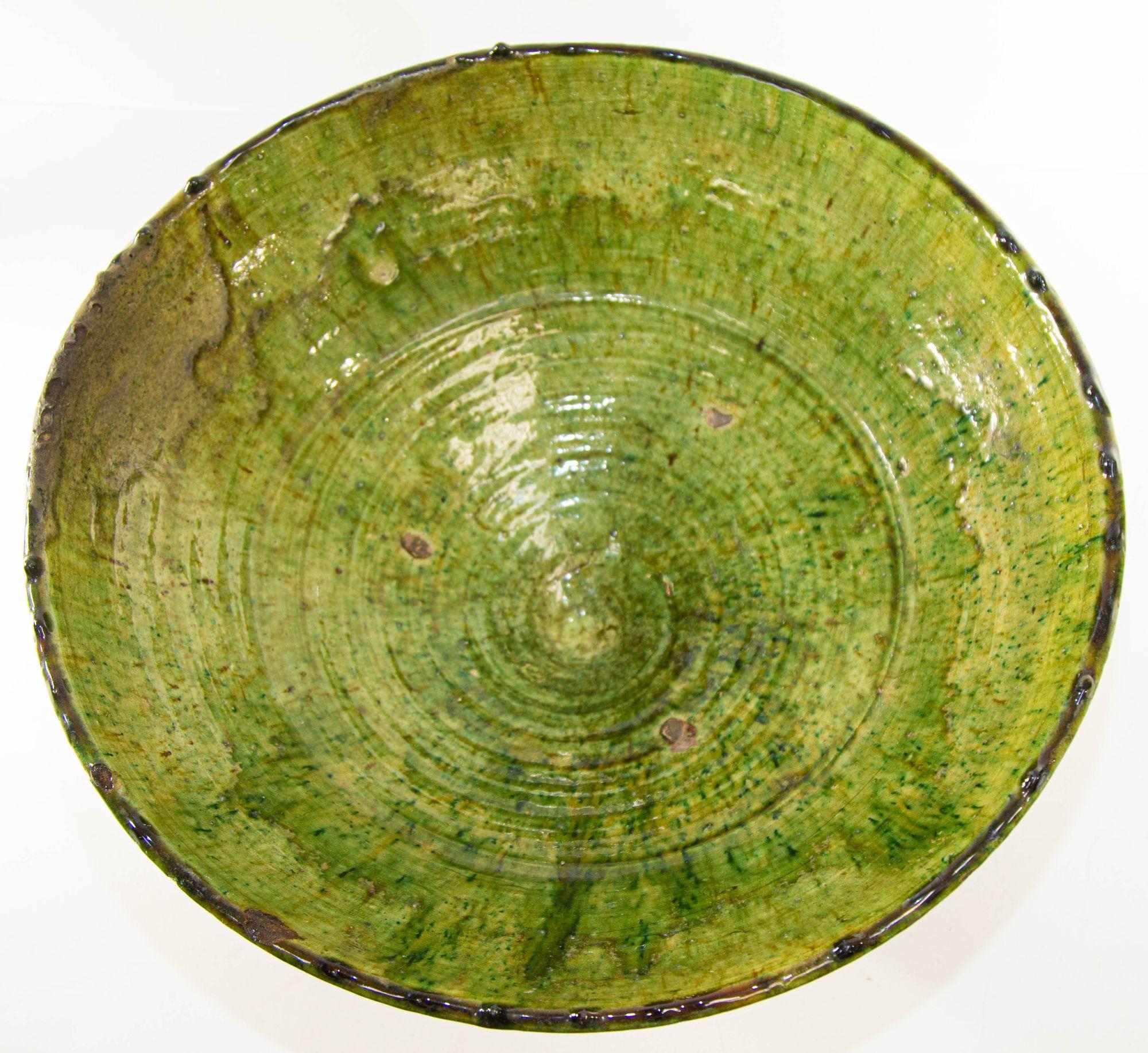 Vintage Moroccan Tamgroute Bowl Green Glazed Terra Cotta For Sale 2
